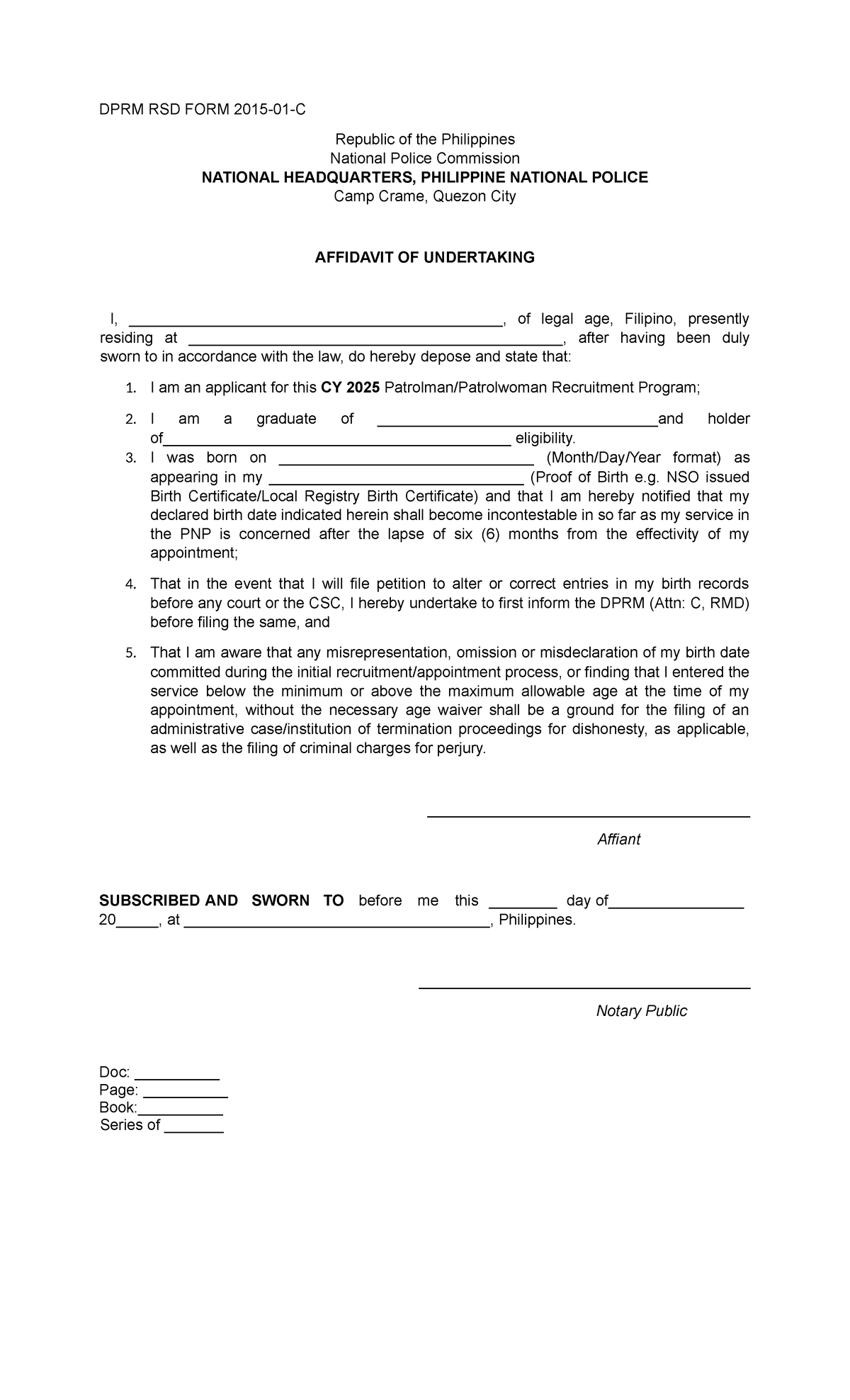 DPRM RSD Form: Affidavit of Undertaking on Birth Date Incontestability ...