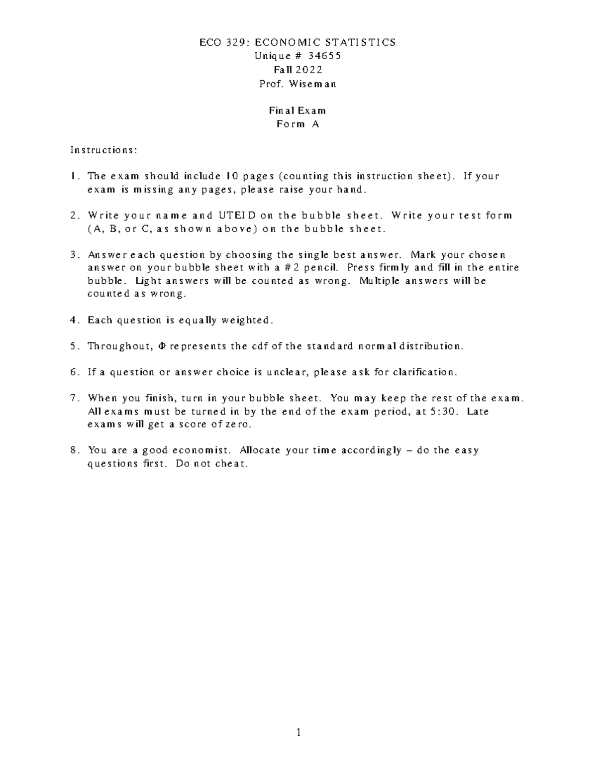 ECO 329: Final Exam Form A - Economic Statistics - Studocu