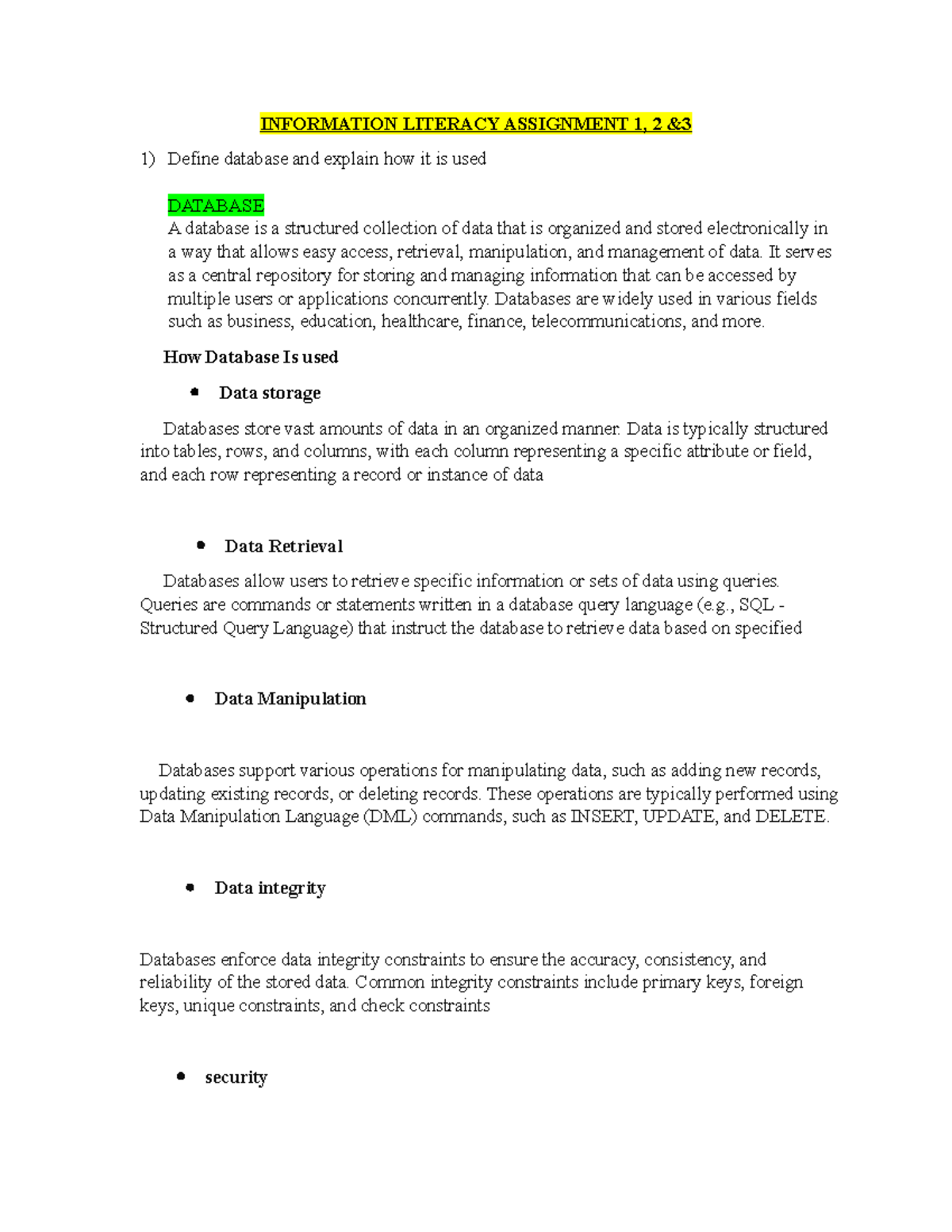 IT123: Information Literacy Assignment 1 - Databases & Internet Access ...