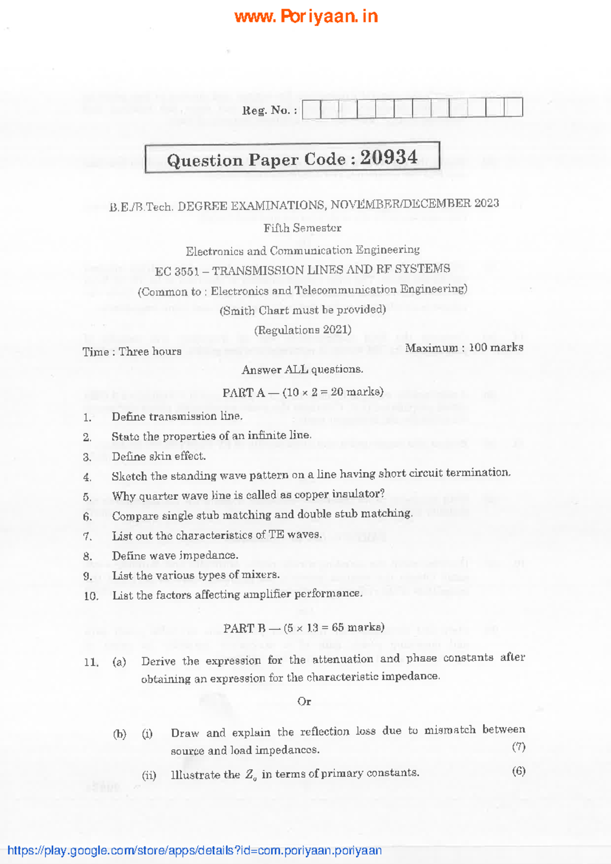Transmission Lines and RF Systems - EC3551 Sem Question Paper 2023 ...