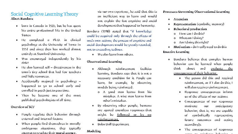 Final Exam Notes on Social Cognitive Learning Theory (PSY 101) - Studocu