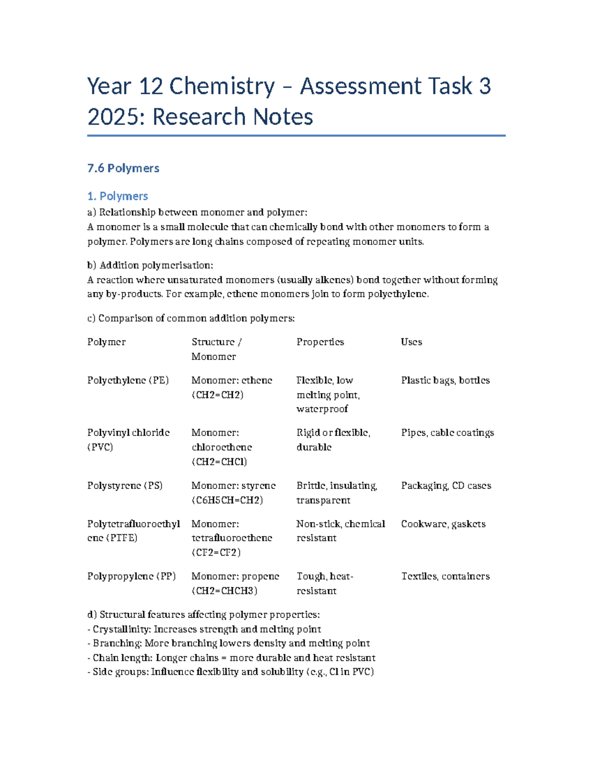Year 12 Chemistry Assessment Task 3: Polymers Research Notes - Studocu