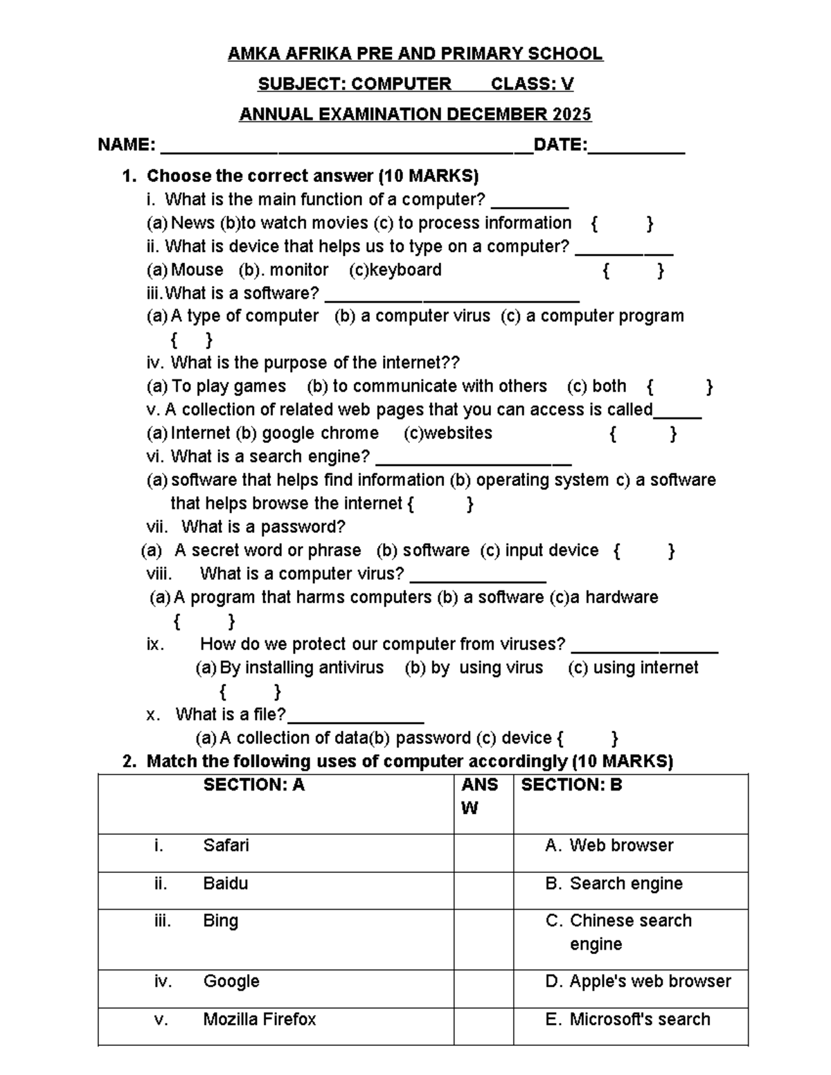 Computer Class V Annual Exam December 2025: Question Paper - Studocu