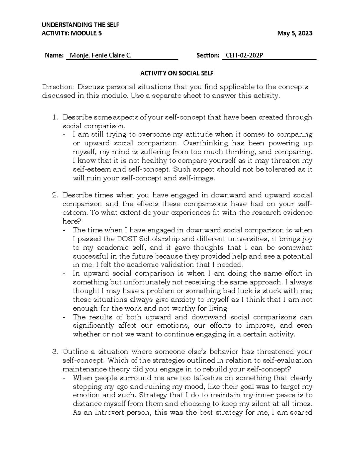 Understanding The Social Self Activity Module 5 Uts Studocu