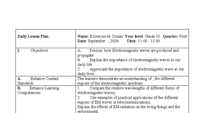 Grade 10 Lesson Plan: Nature of Electromagnetic Waves (Q1) - Studocu