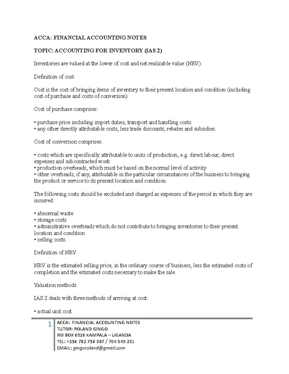 ACCA Financial Accounting Notes on Inventory Valuation (IAS 2) - Studocu
