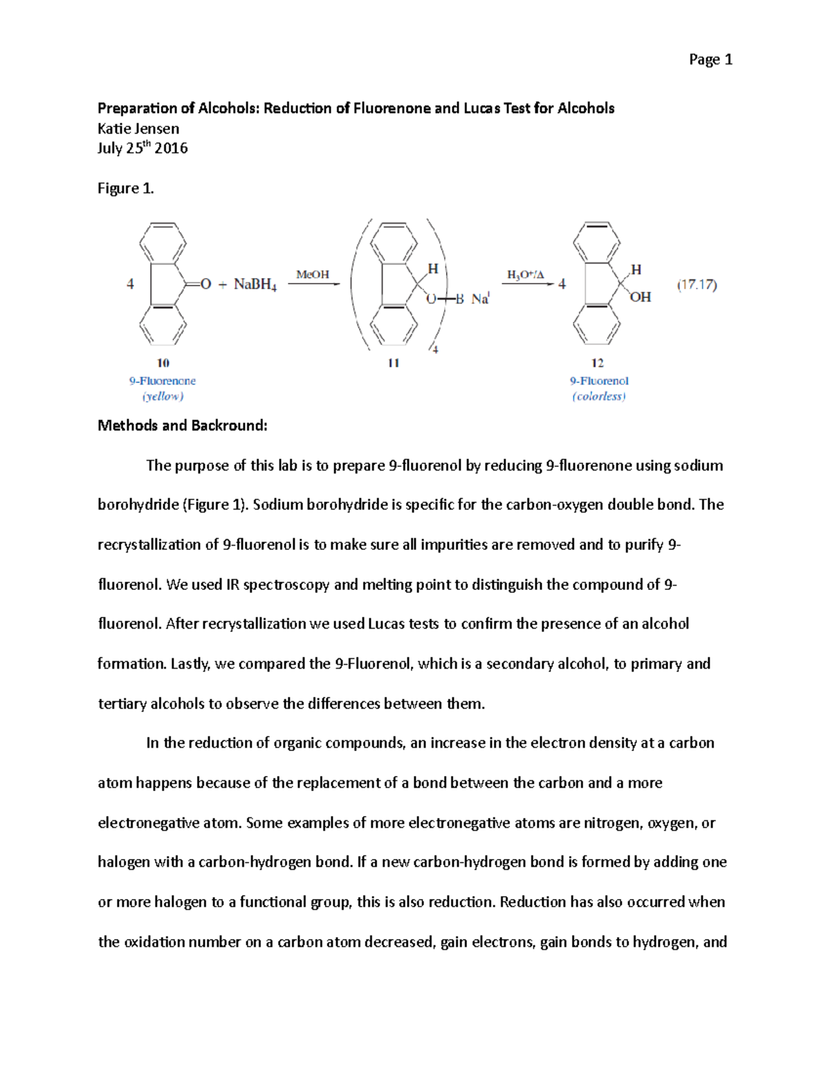 Orgo Lab 9 - 9th Organic Chemistry Lab Report - Page 1 Preparation of ...