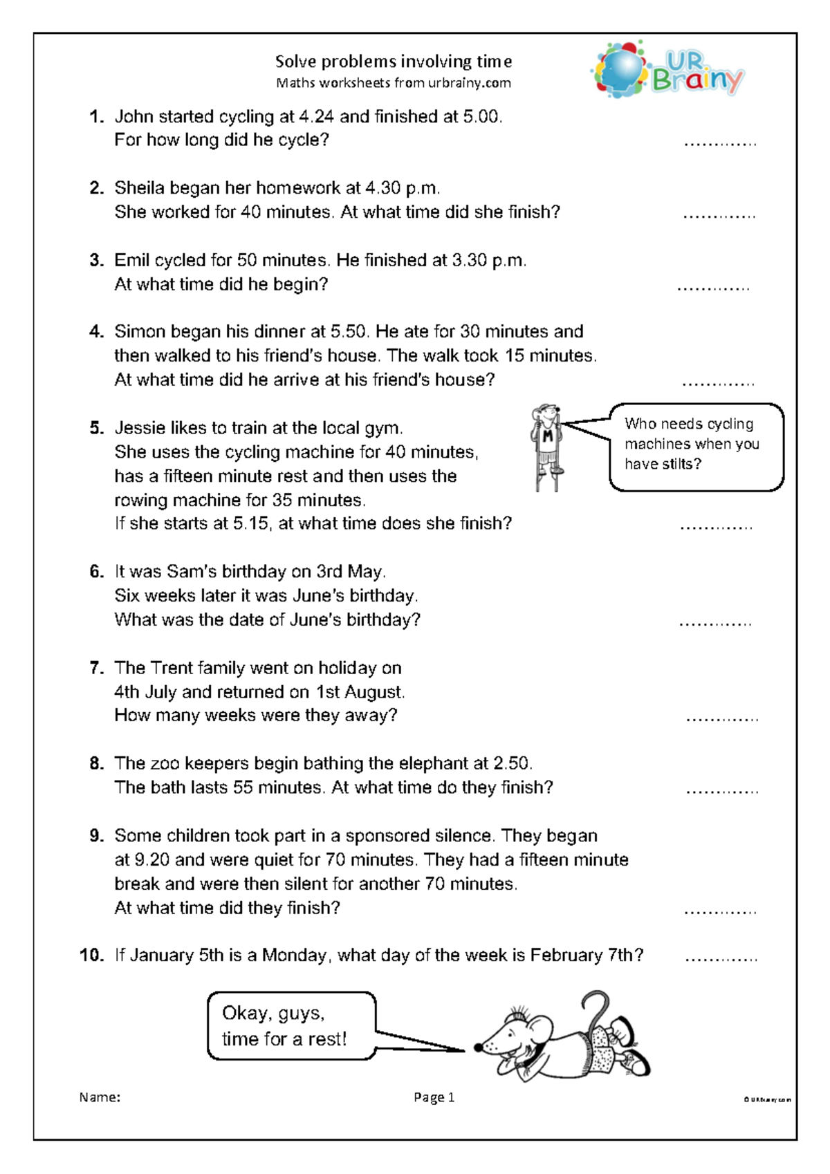 Maths Worksheets on Time Problem Solving for Class [Course Code] - Studocu