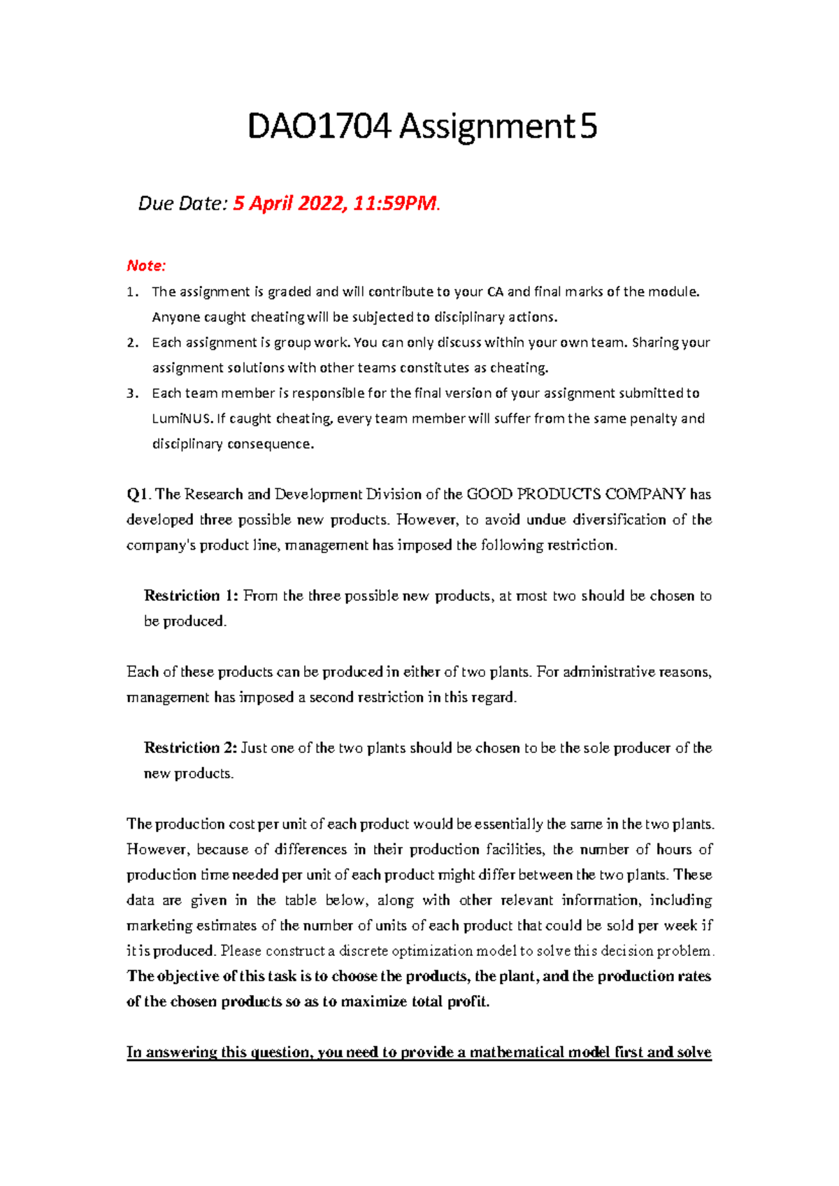 DAO1704 Assignment 6: Discrete Optimization Models & Solver Solutions ...