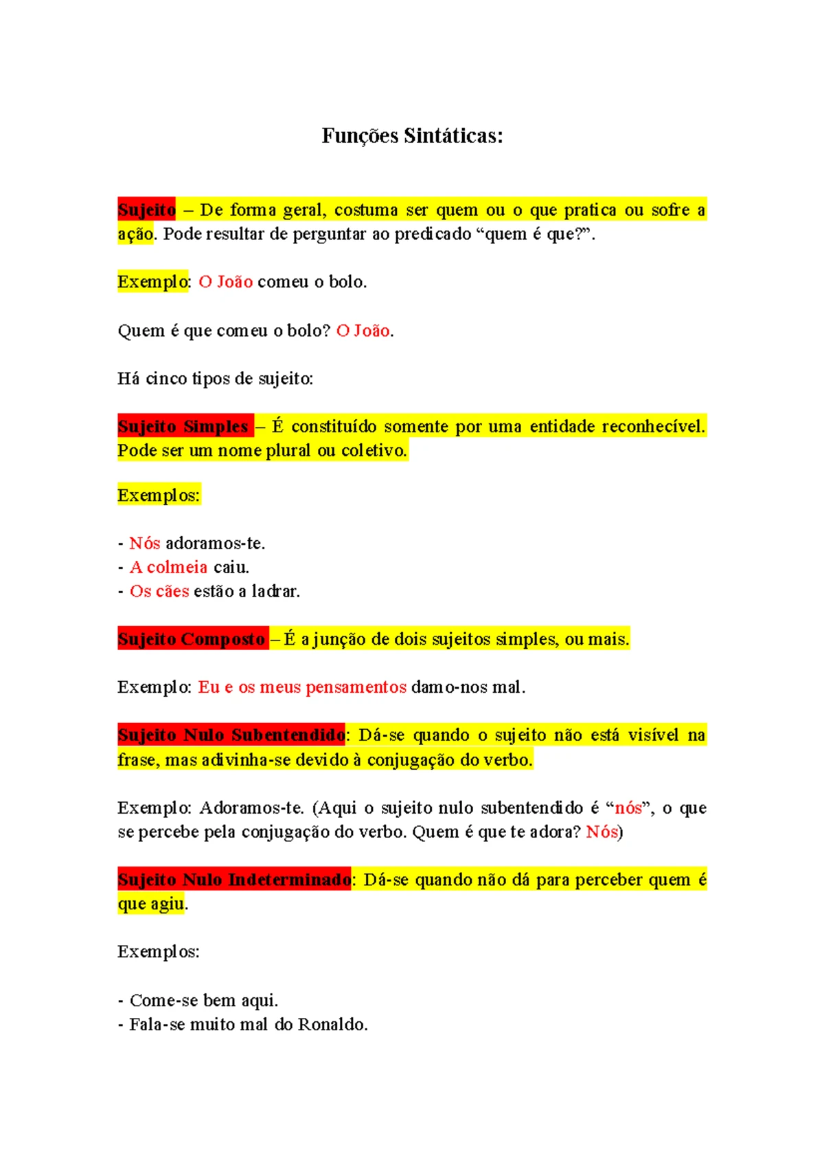 Funções Sintáticas: Resumo para o 10º Ano de Português - Studocu