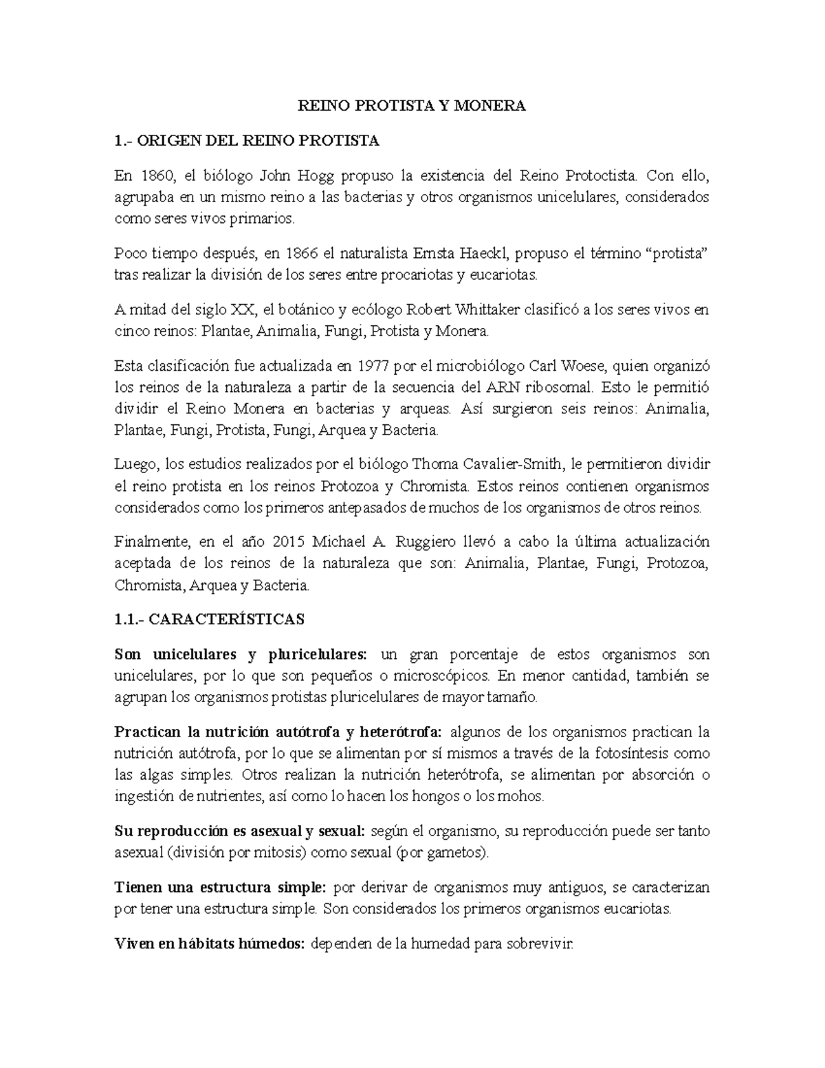 Reino Protista y Monera: Origen, Características y Clasificación - Studocu