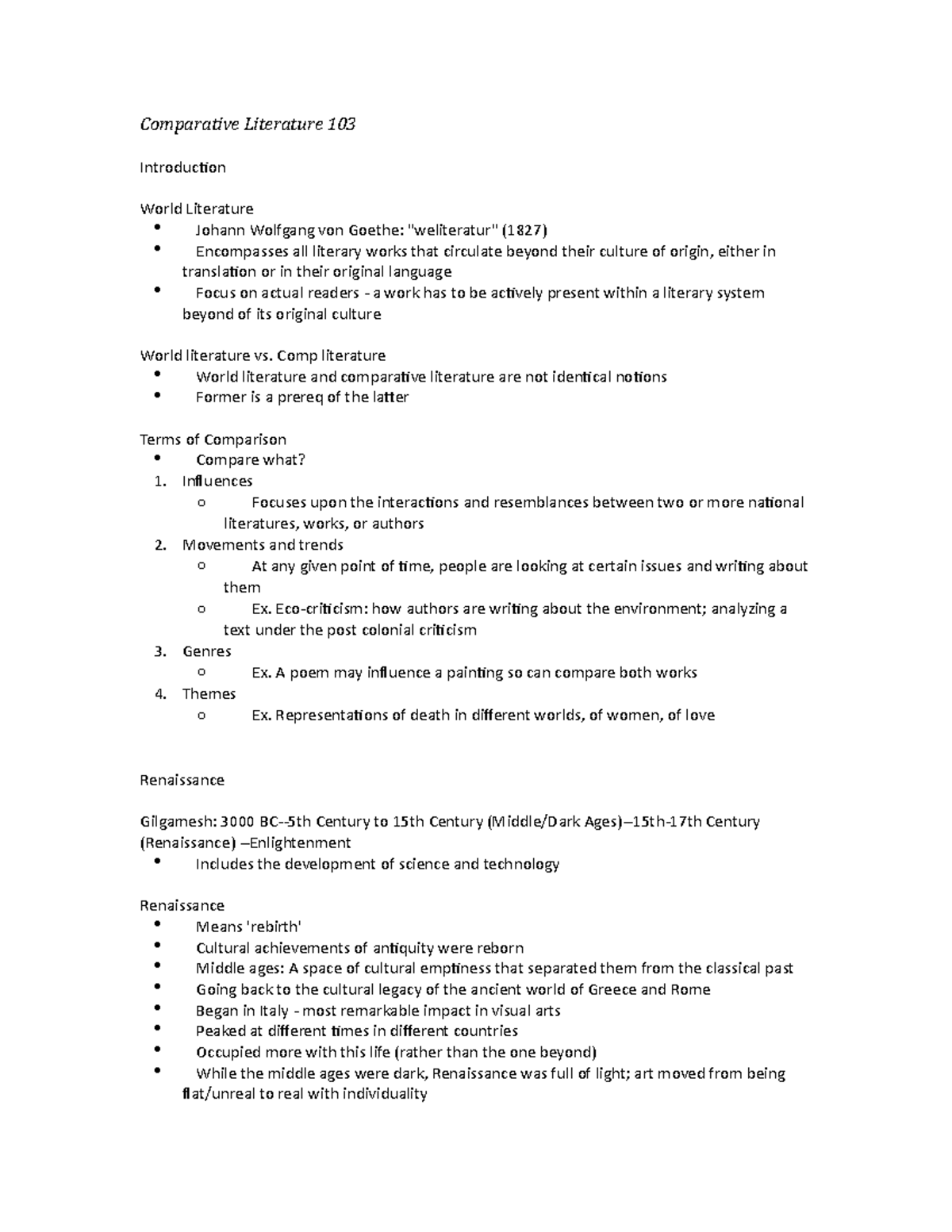 Complit 103 Lecture Notes: Insights on World Literature and Its ...