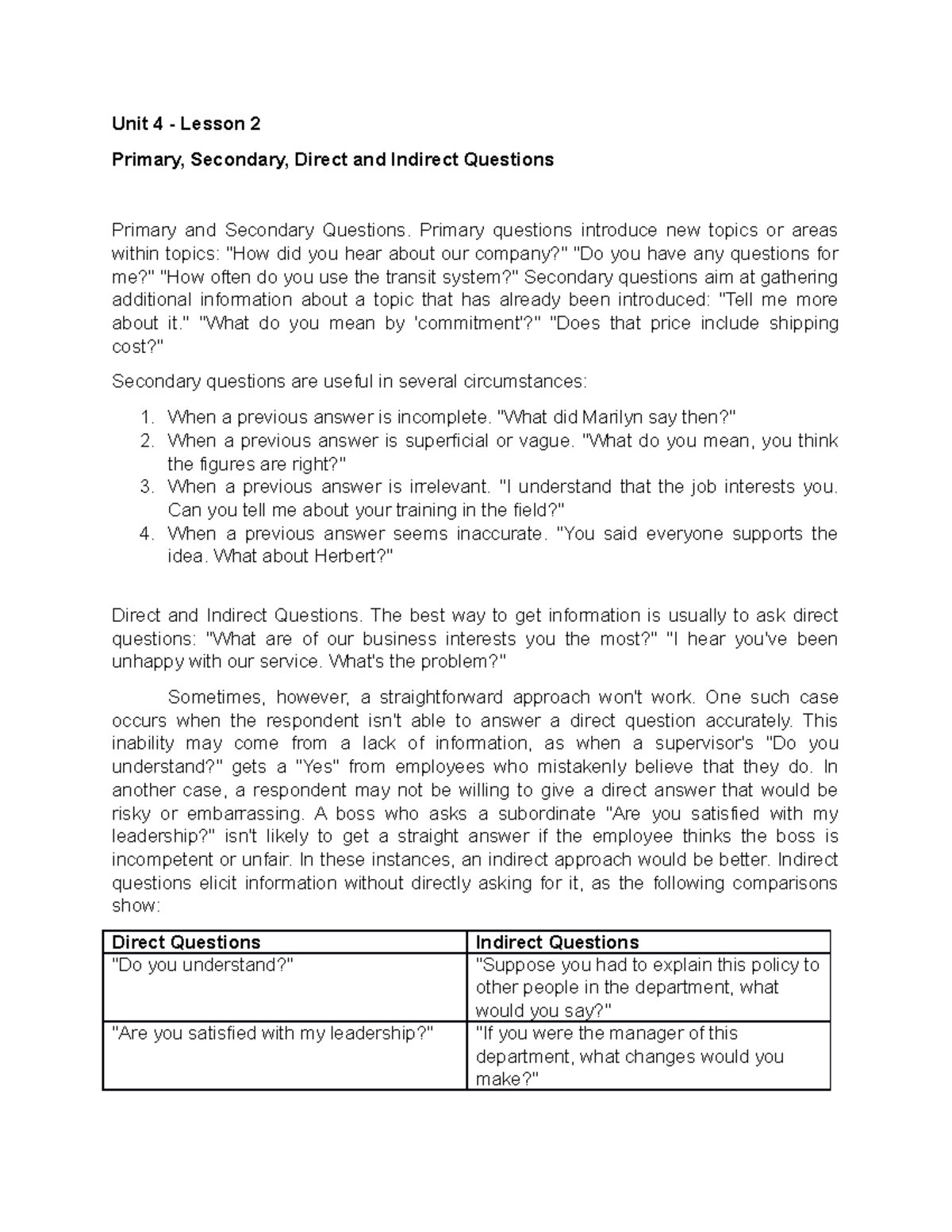 Unit 4 - Lesson 2: Direct, Indirect & Leading Questions in Interviews ...