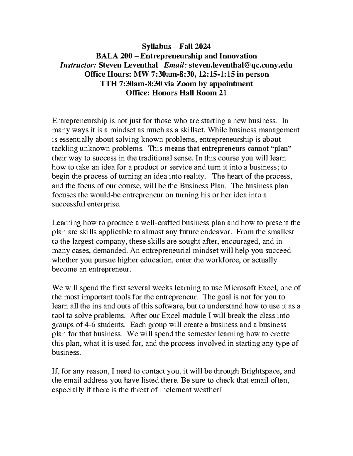 BALA 200: Syllabus for Entrepreneurship & Innovation - Fall 2024 - Studocu