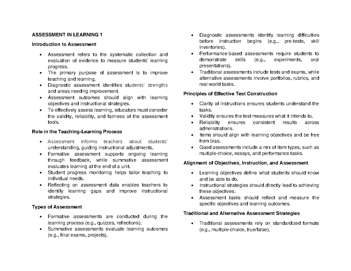Assessment in Learning 1: Key Concepts and Types Explained - Studocu