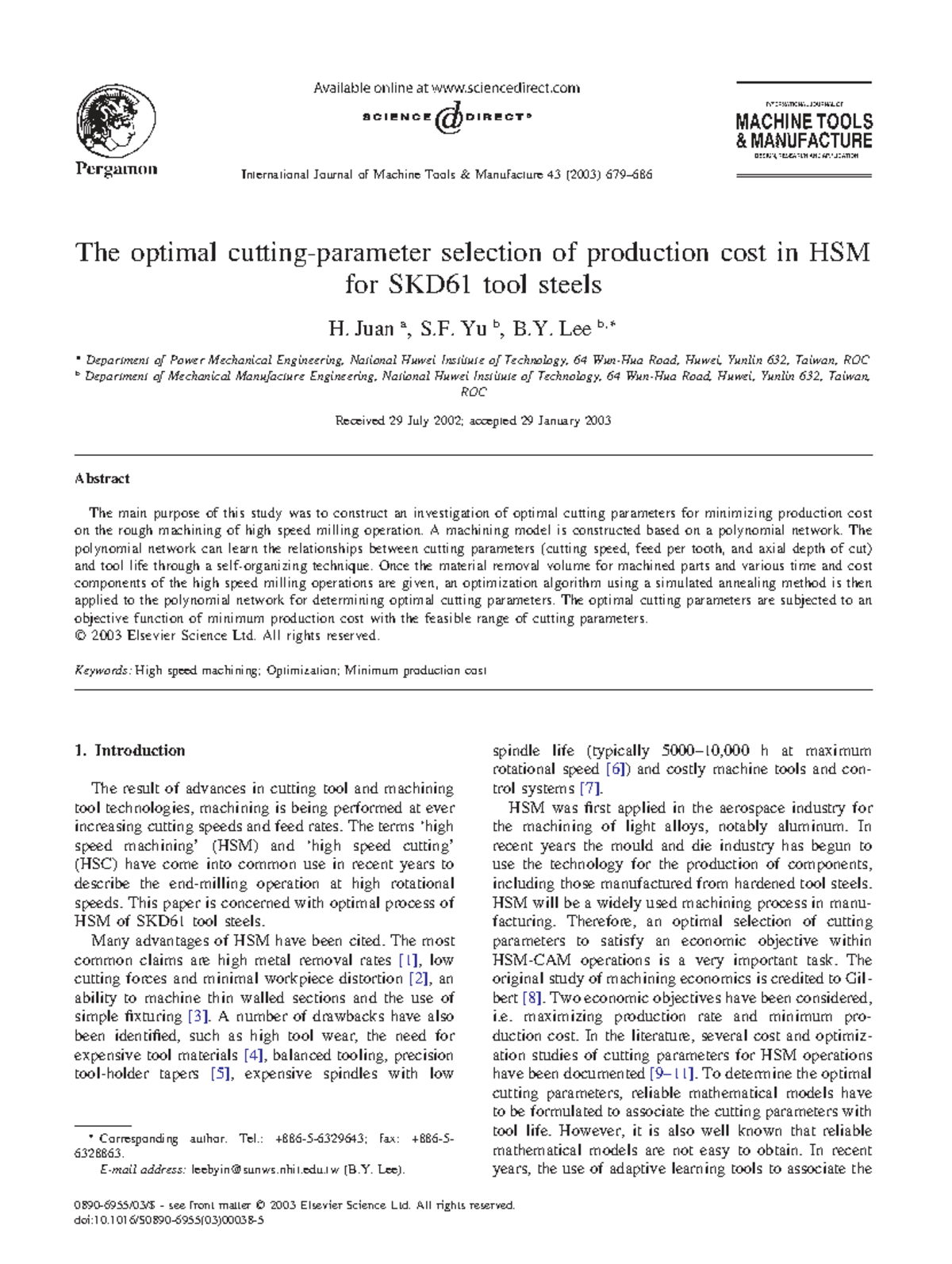 Juan2003 Optimal Cutting Parameter Selection for HSM of SKD61 Tool ...