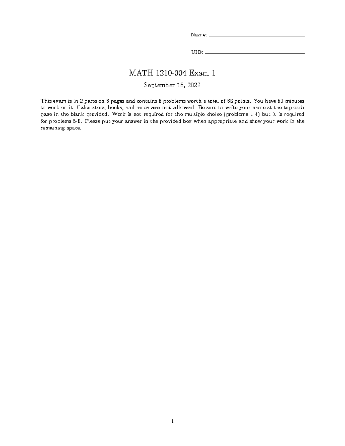 MATH 1210-004 Final Exam 1: Structure, Problem Set & Guidelines - Studocu