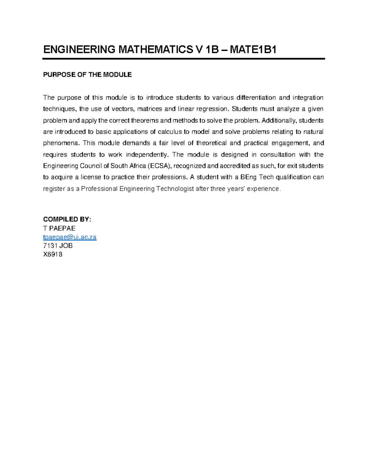 Engineering Mathematics V 1B - Integration Techniques and Applications ...