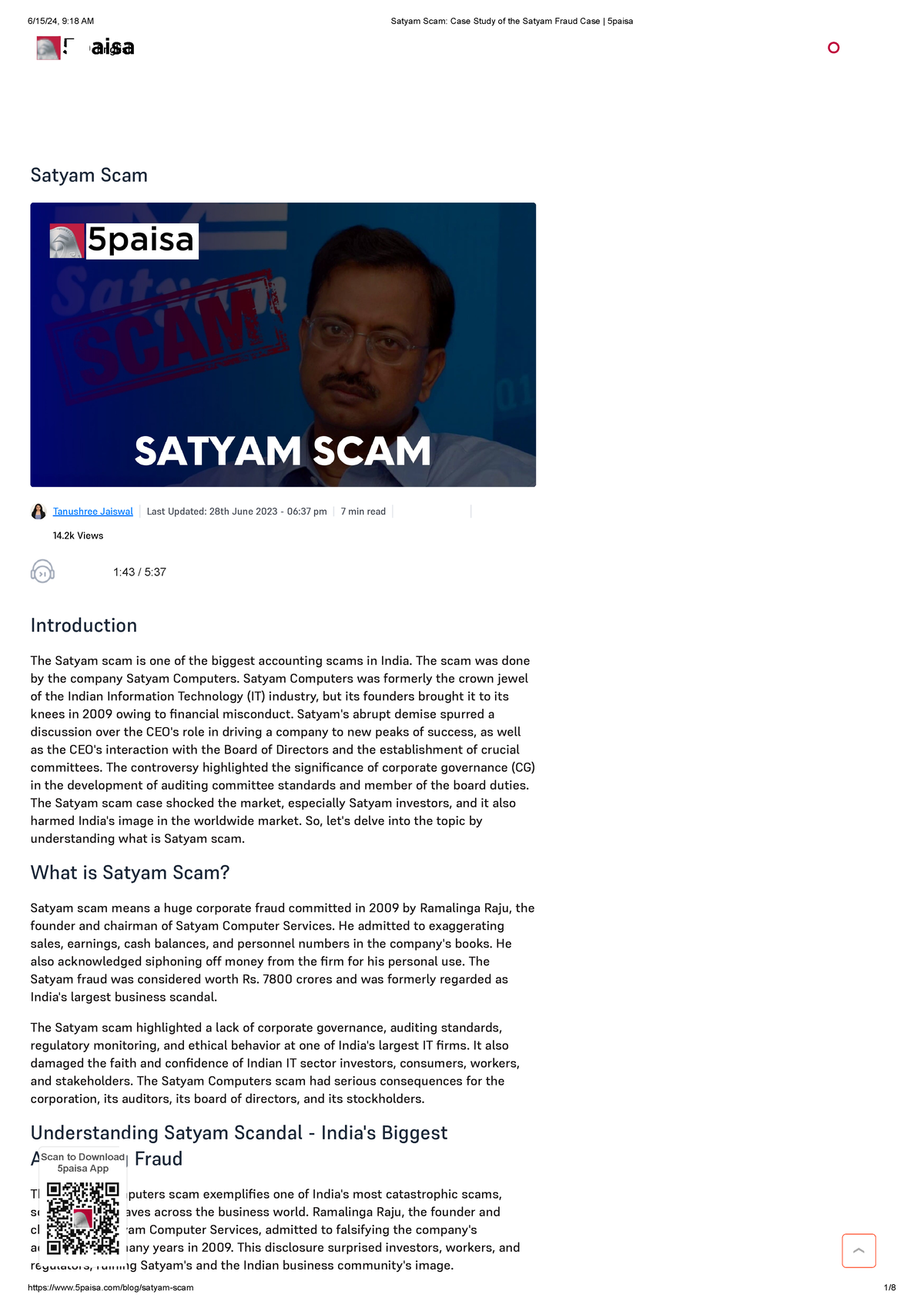Satyam Scam Case Study: An In-Depth Look at India's 2009 Fraud - Studocu