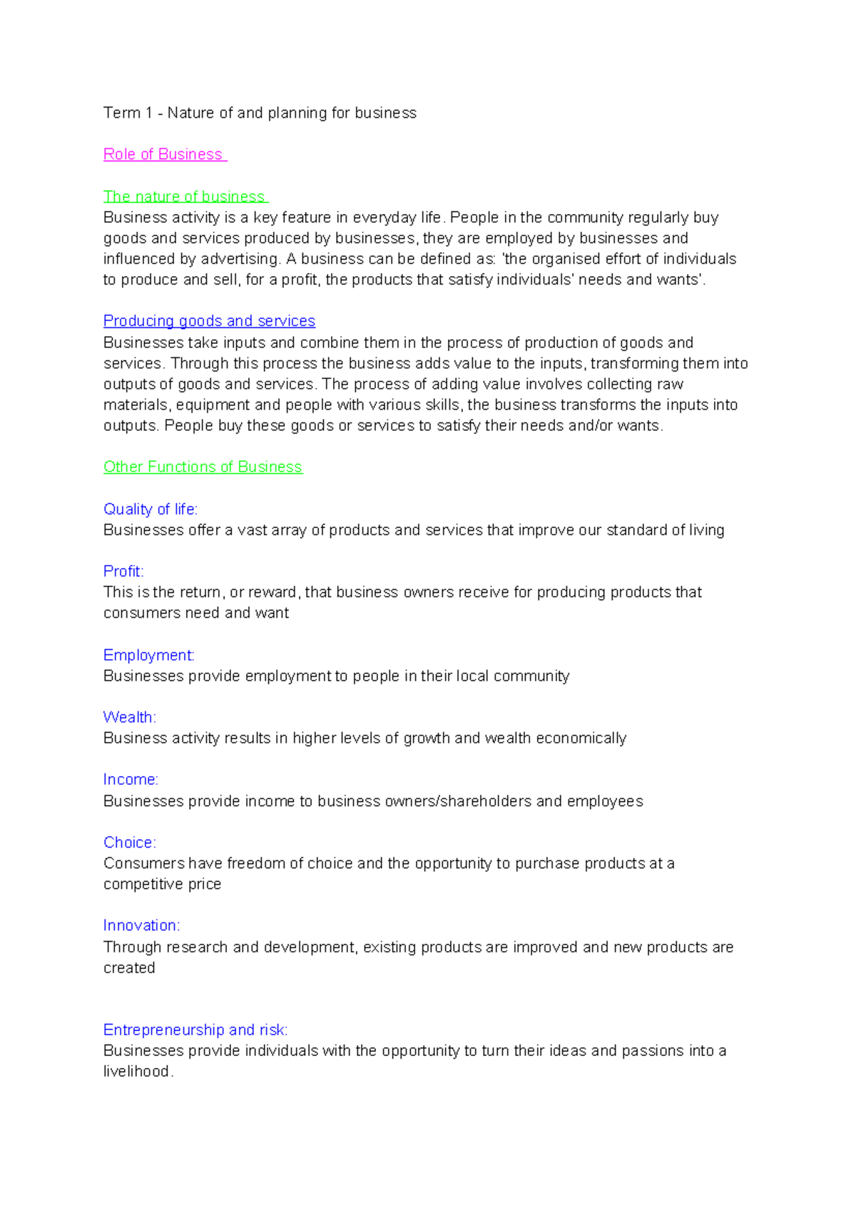 BUS 101 Term 1 Summary Notes: Nature and Planning for Business - Studocu