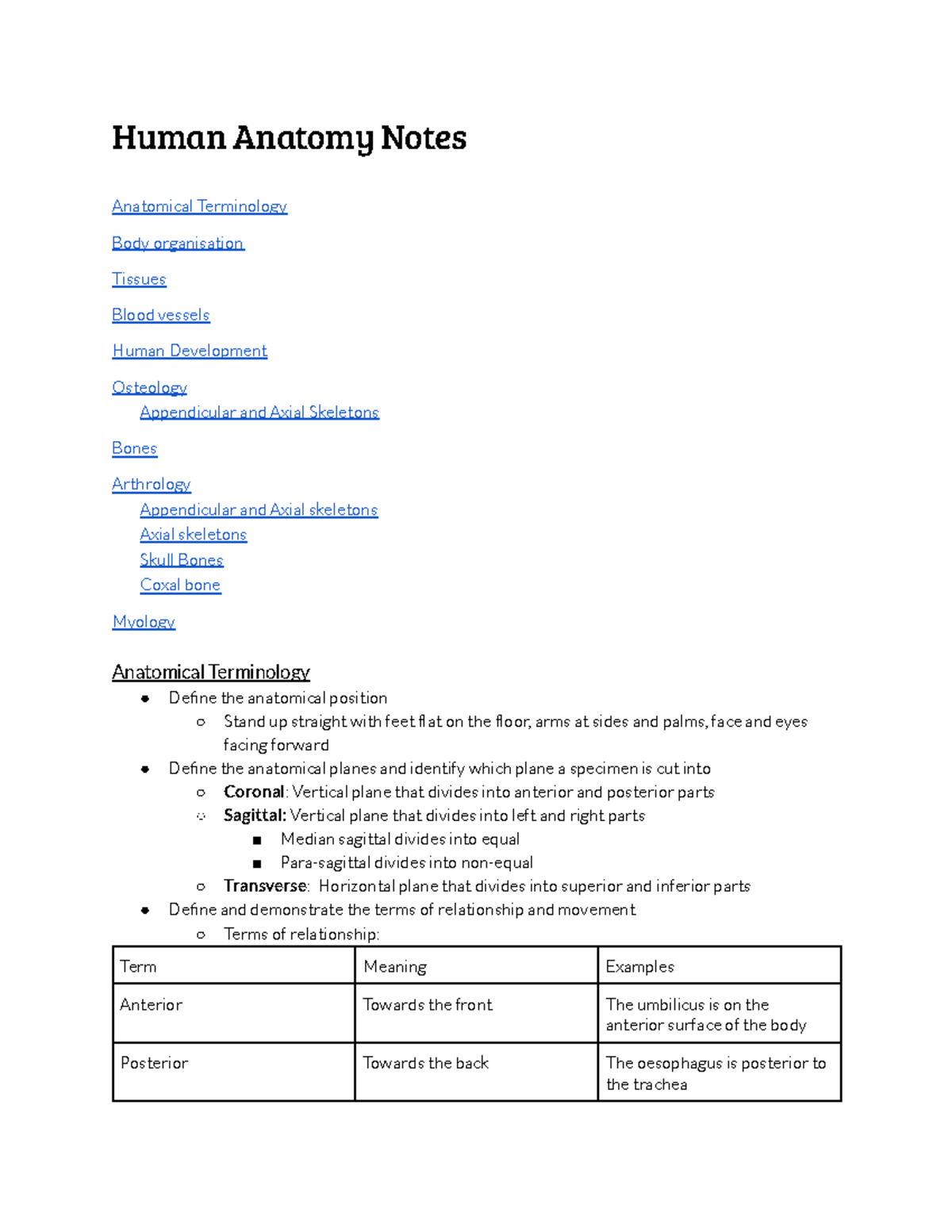 Human Anatomy Notes: Terminology, Tissues, and Body Organization - Studocu