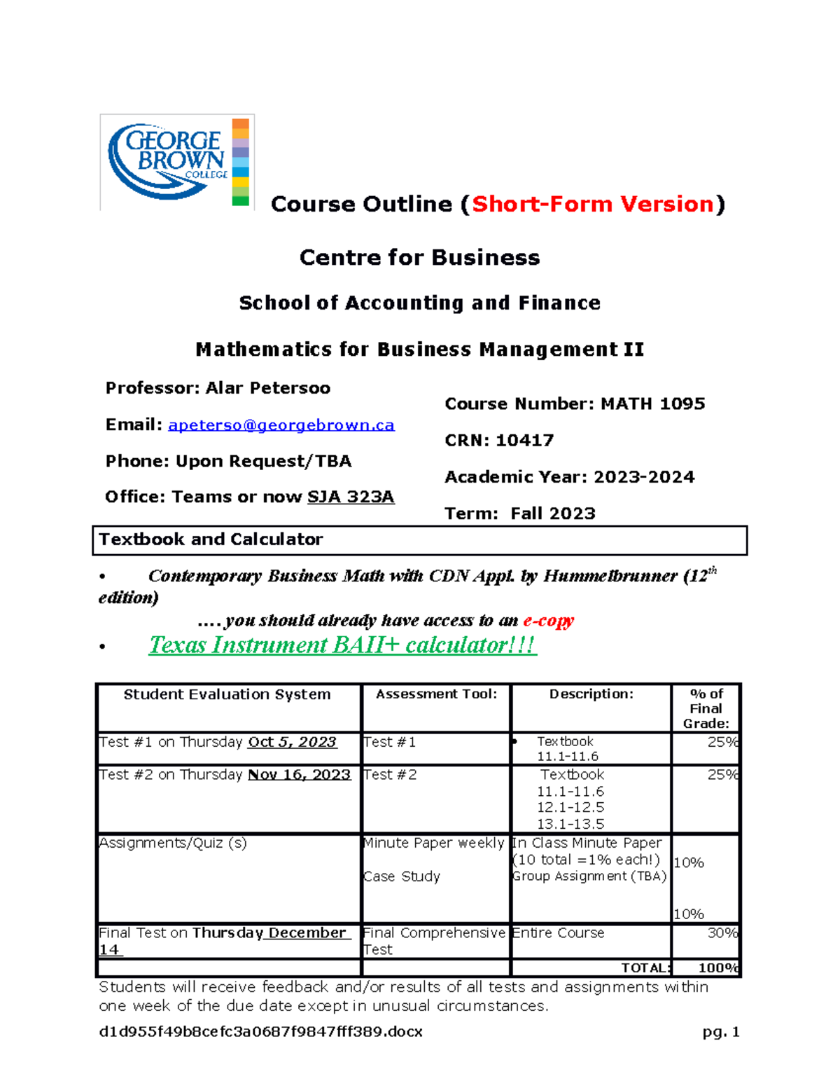 MATH1095 - Fall 2023 Course Outline and Final Exam Details - Studocu