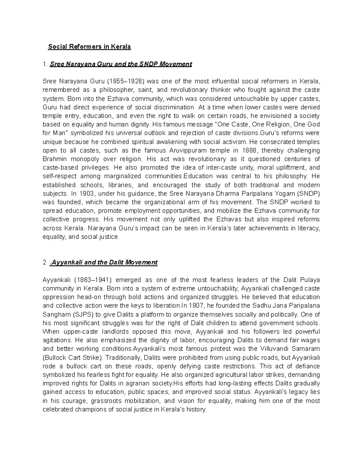 Social Reformers in Kerala: Key Figures and Movements - Studocu