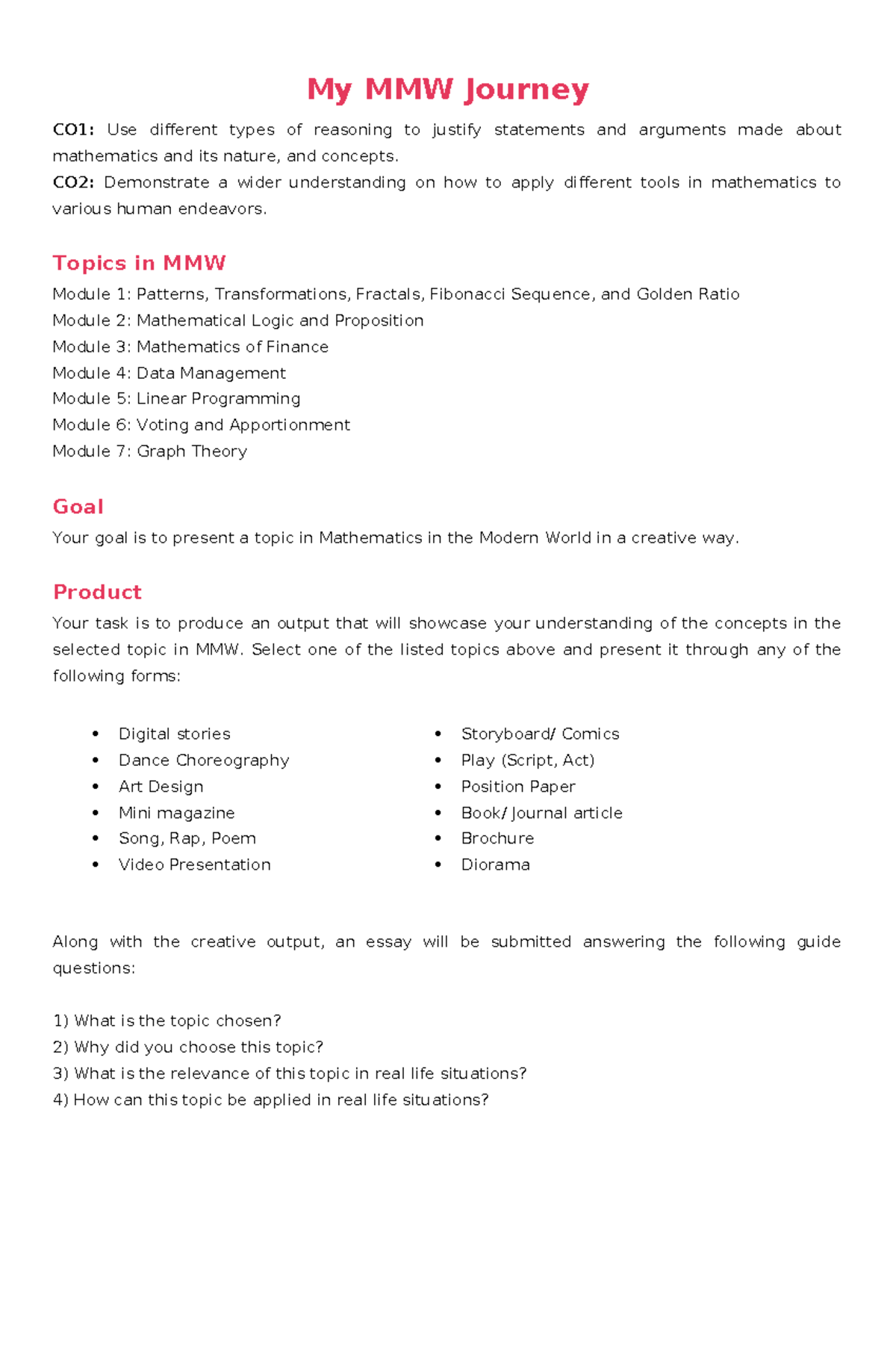 MMW Journey: Exploring Mathematics in Modern World - A Creative Output ...