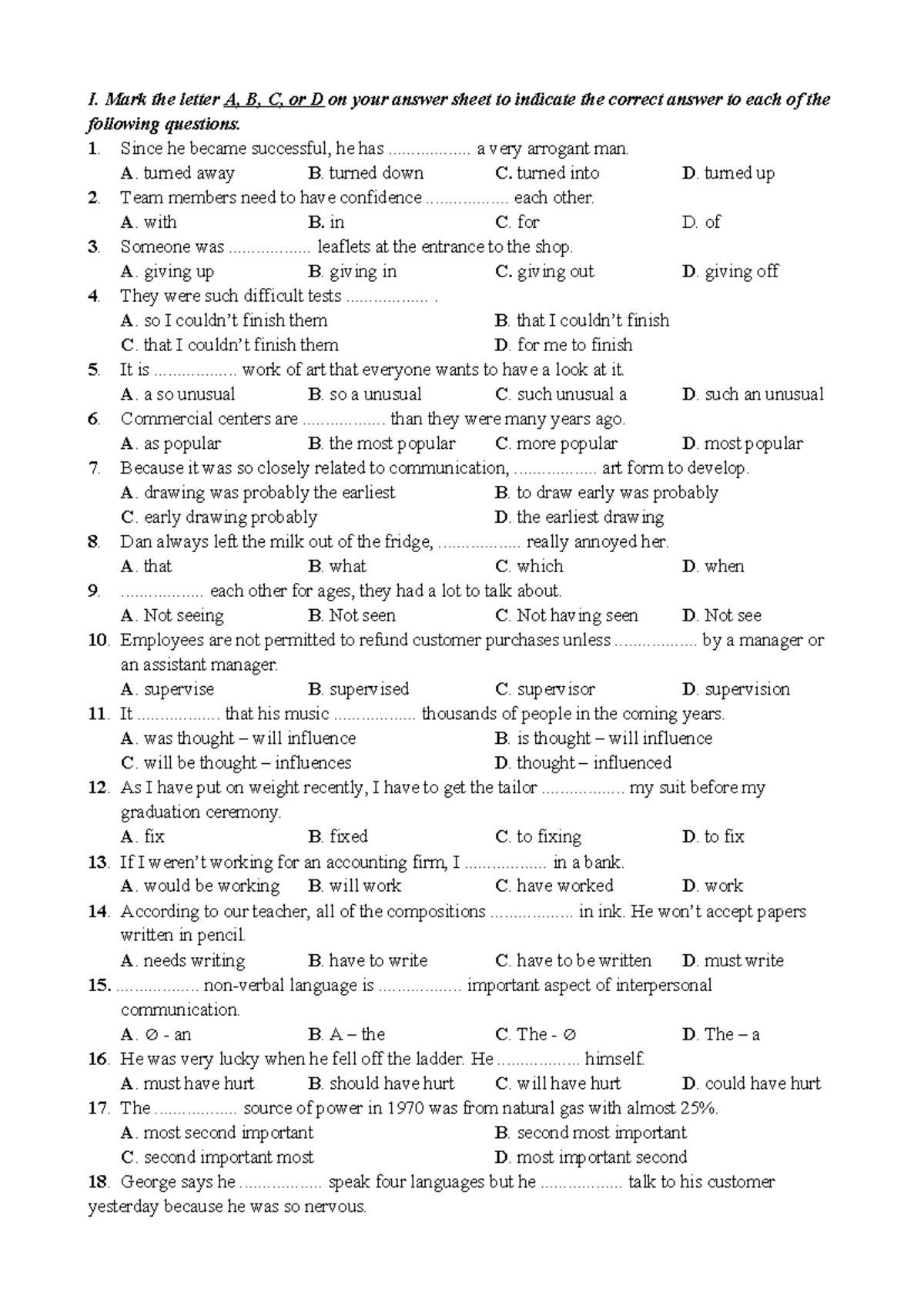 Practice Questions for English Language Proficiency Exam (ELP 101 ...