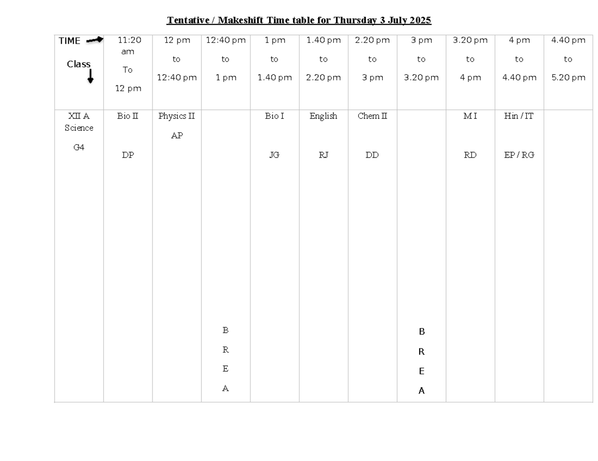 Tentative Class Timetable for 3 July 2025 - Studocu