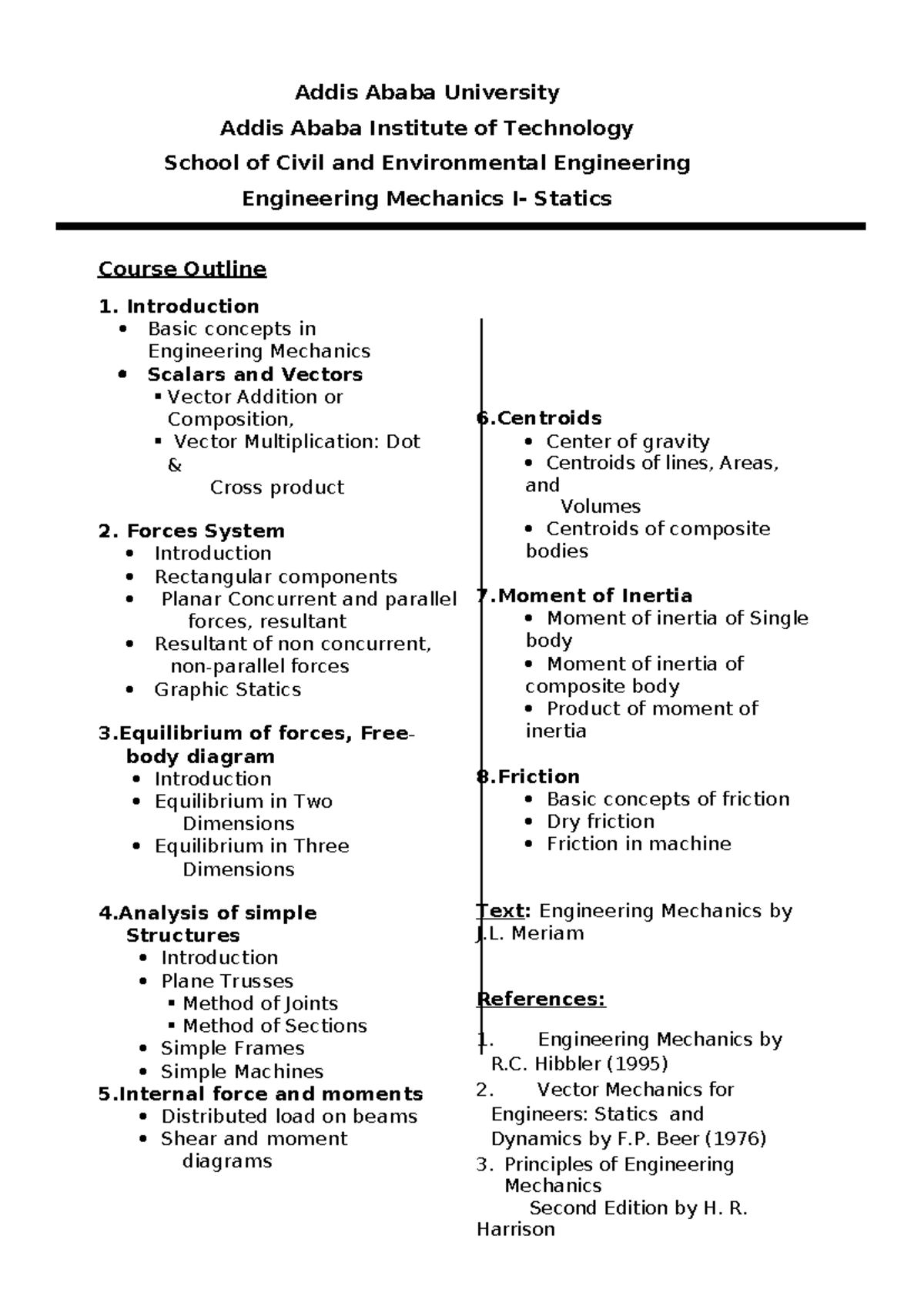 Engineering Mechanics I (Statics) Course Outline and Evaluation - Studocu