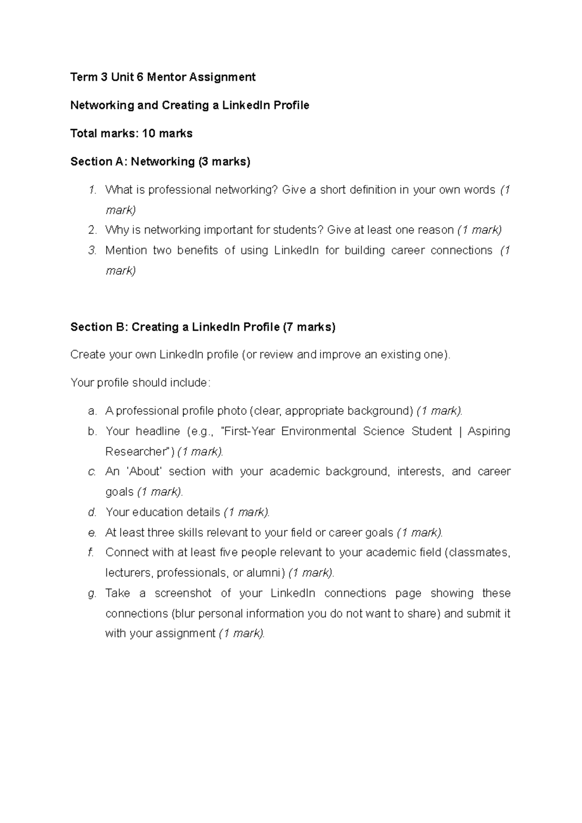 Term 3 Unit 6 Mentor Assignment: Networking & LinkedIn Profile - Studocu