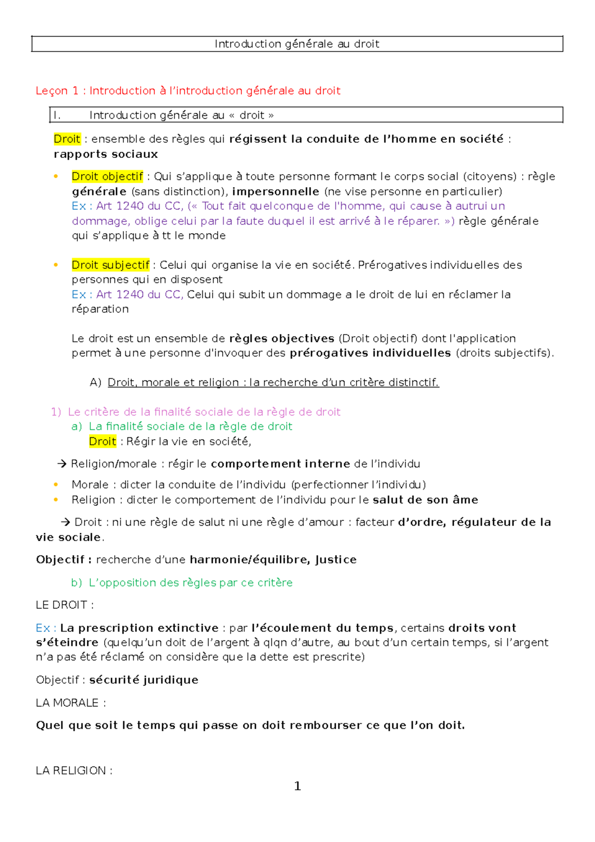 Introduction Générale au Droit - Leçon 1 : Concepts Fondamentaux - Studocu