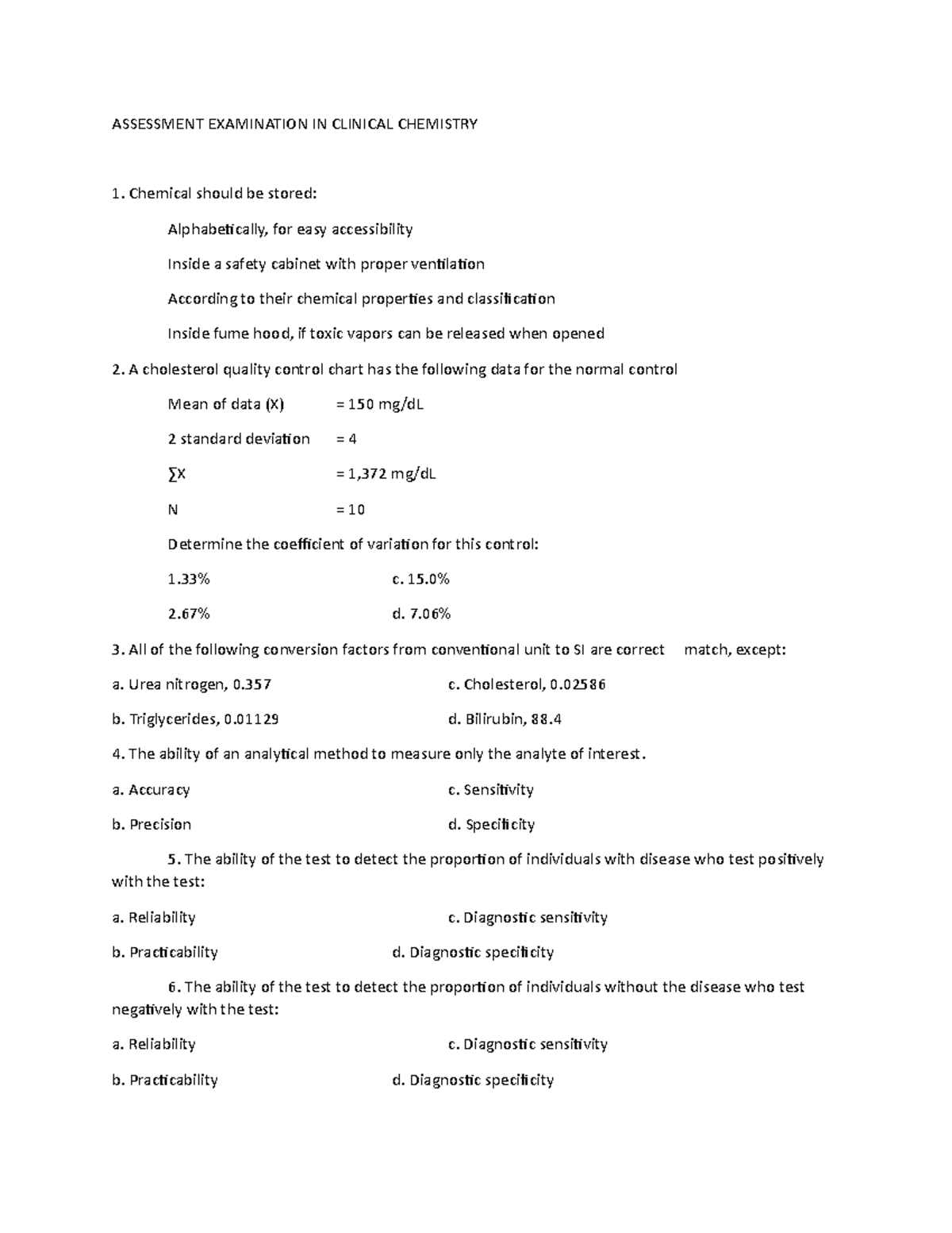 CLINICAL CHEMISTRY ASSESSMENT EXAMINATION: KEY CONCEPTS AND FACTORS ...