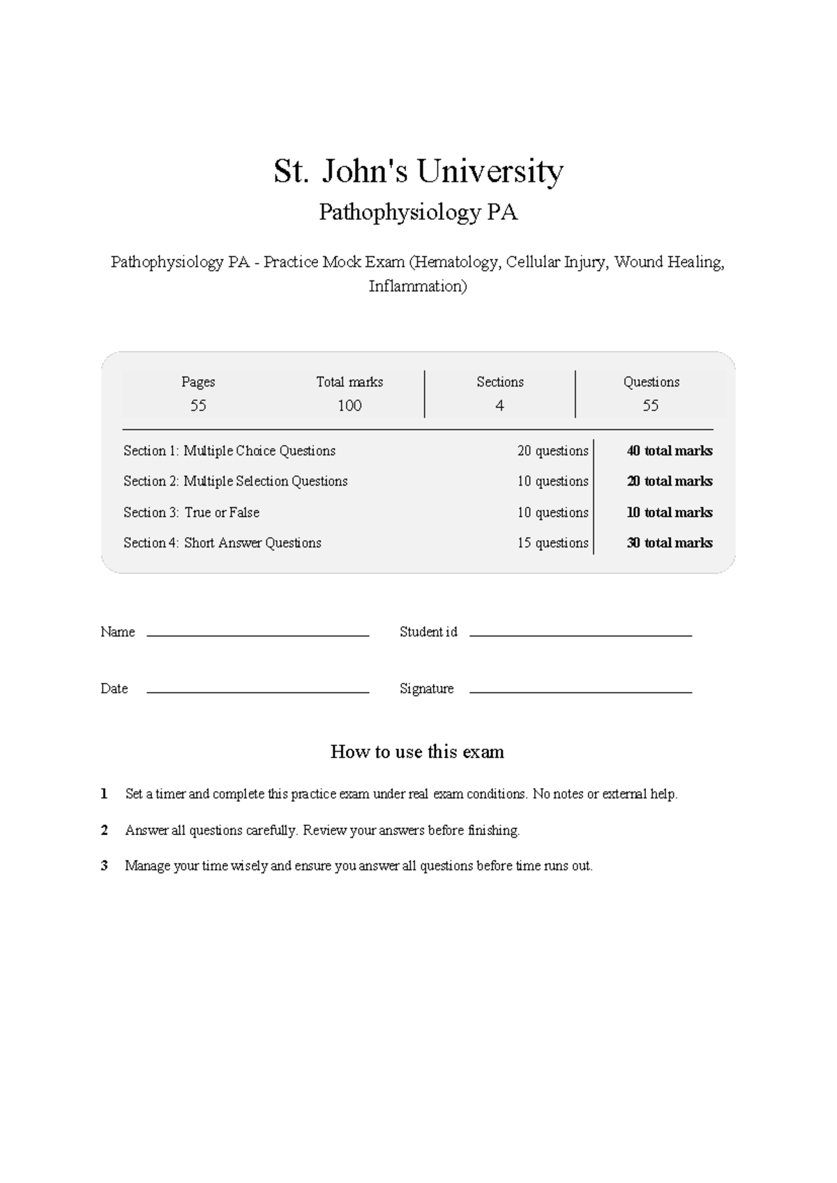 PHS 107-0 Pathophysiology PA Mock Exam Practice Test 2026 - Studocu
