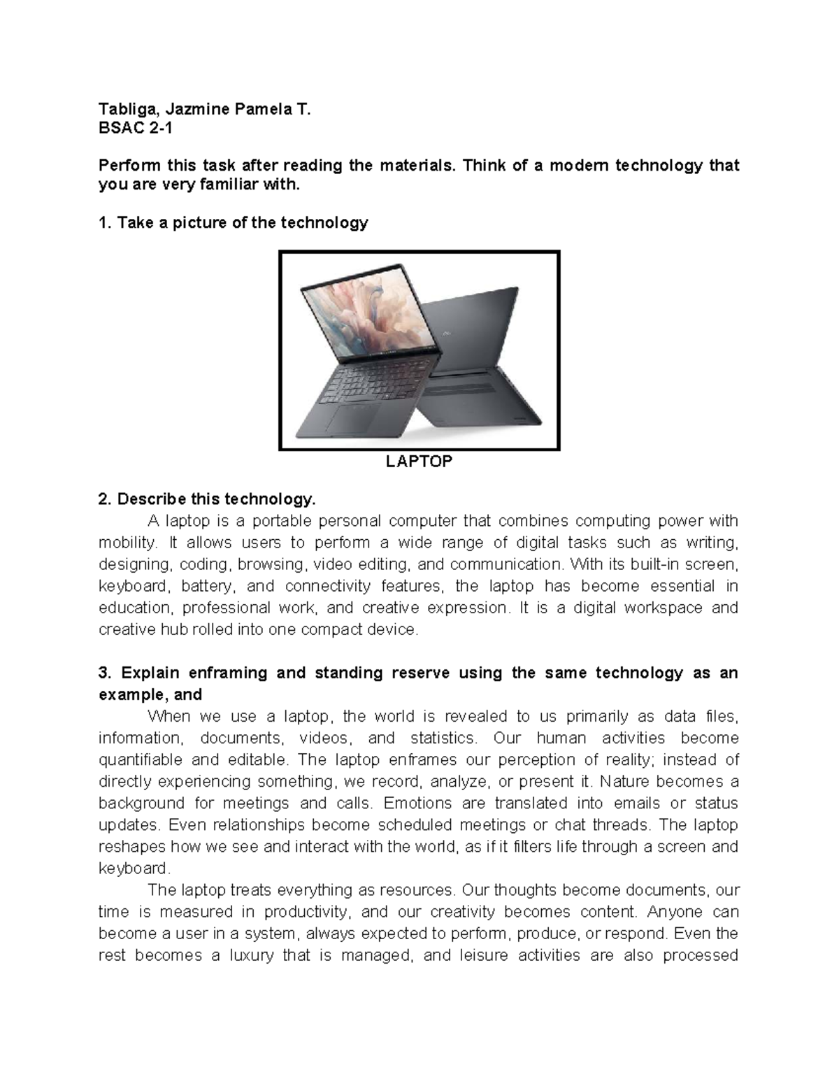 BSAC Reflection on Laptop Technology and Its Impact - Studocu