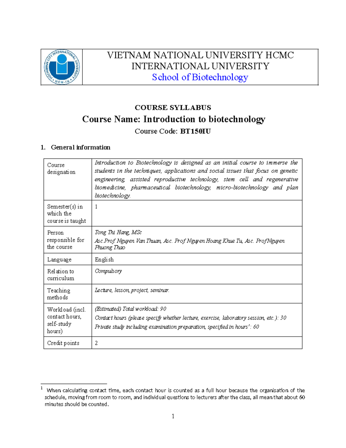 BT150IU - Introduction to Biotechnology Course Syllabus Overview - Studocu