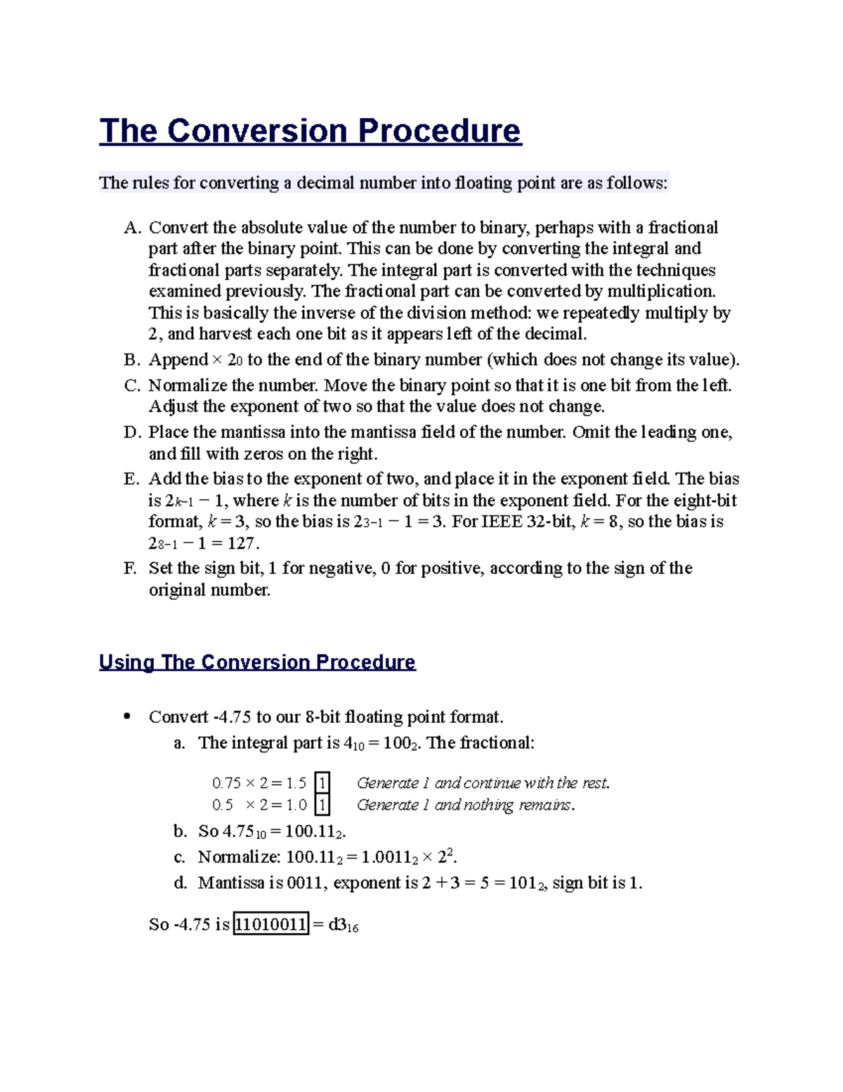 Conversion Procedure for Negative Floating Point Numbers - CS101 - Studocu