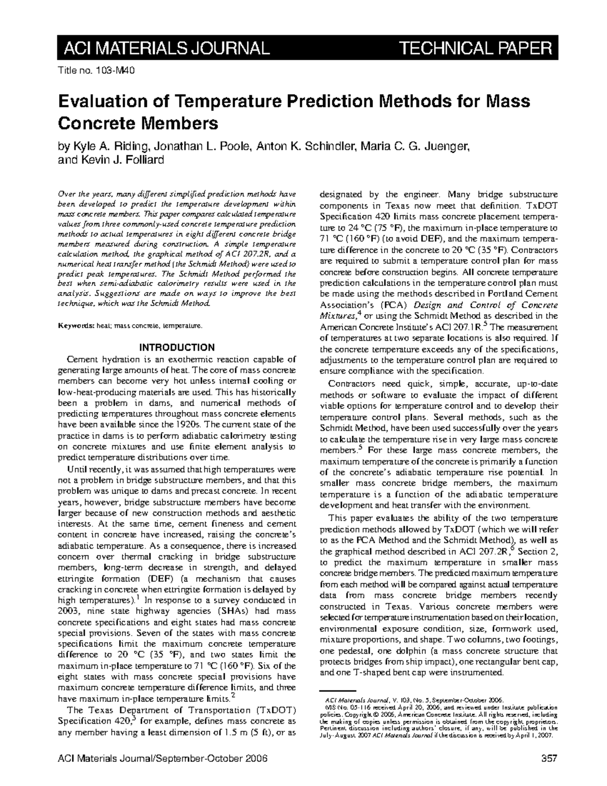 Evaluation of Temperature Prediction Methods for Mass Concrete (ACI ...