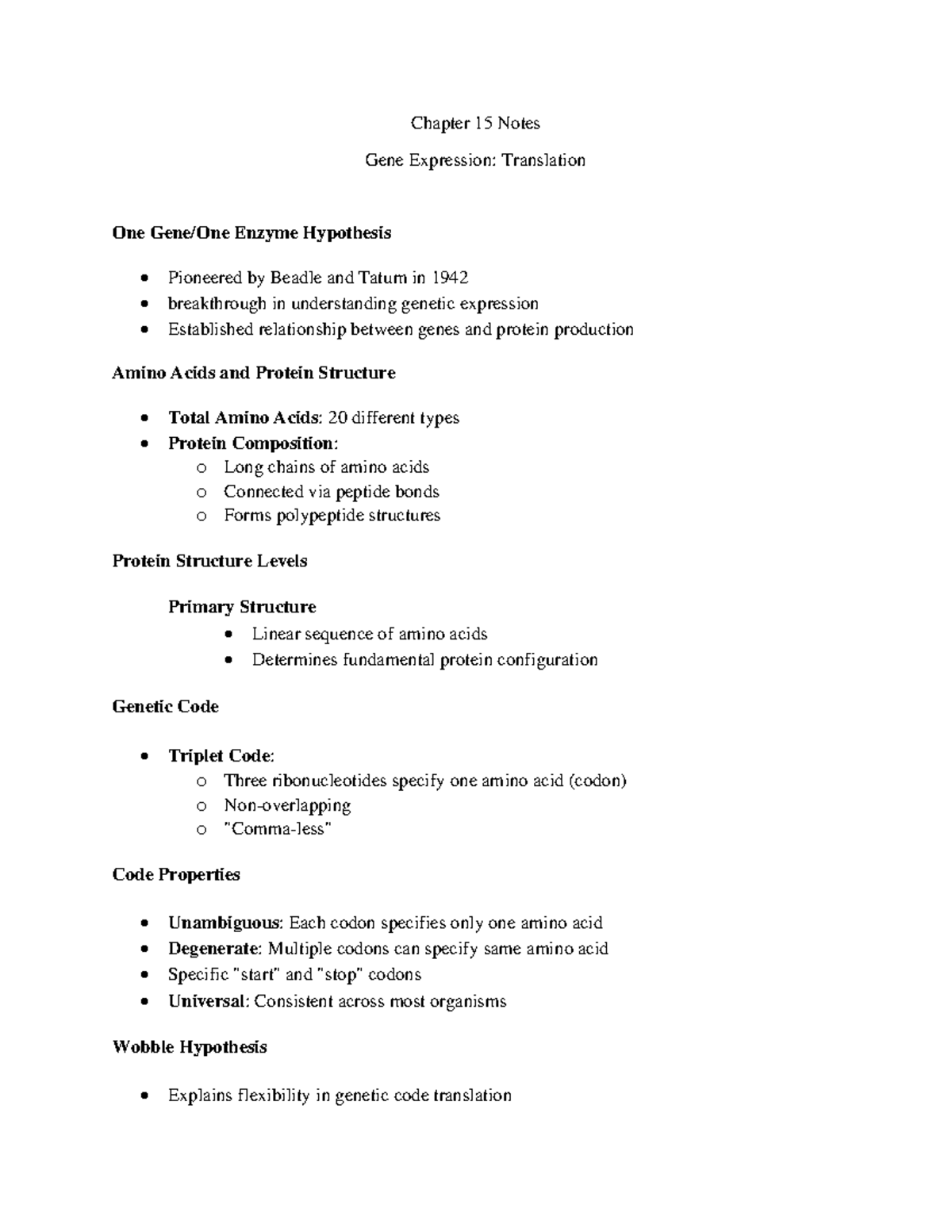Genetic Code and Protein Synthesis: Chapter 15 Notes (Course Code ...