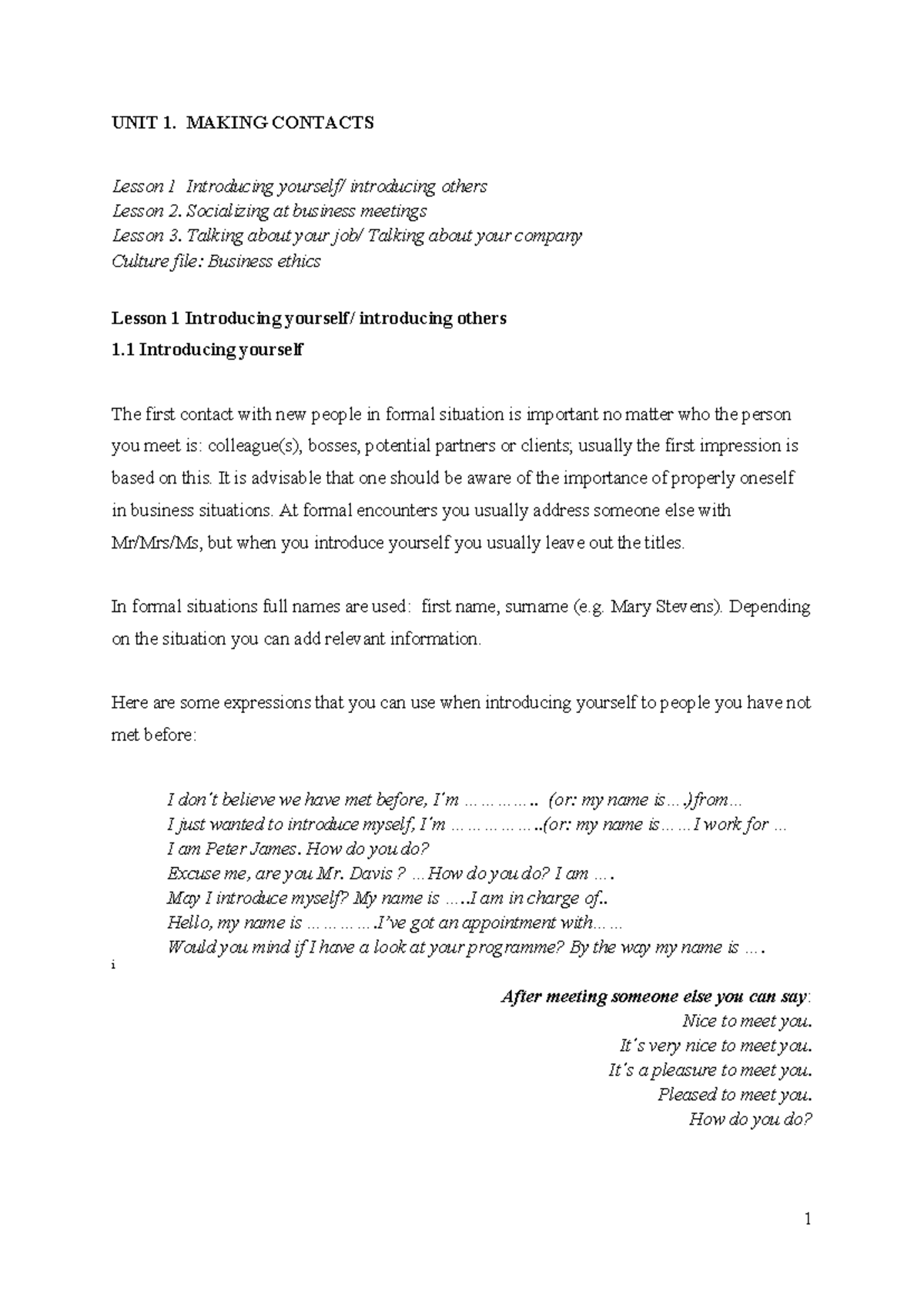 UNIT 1 Making Contacts 6997193 a36ac524b07fc938af71b35d0 - Socio ...