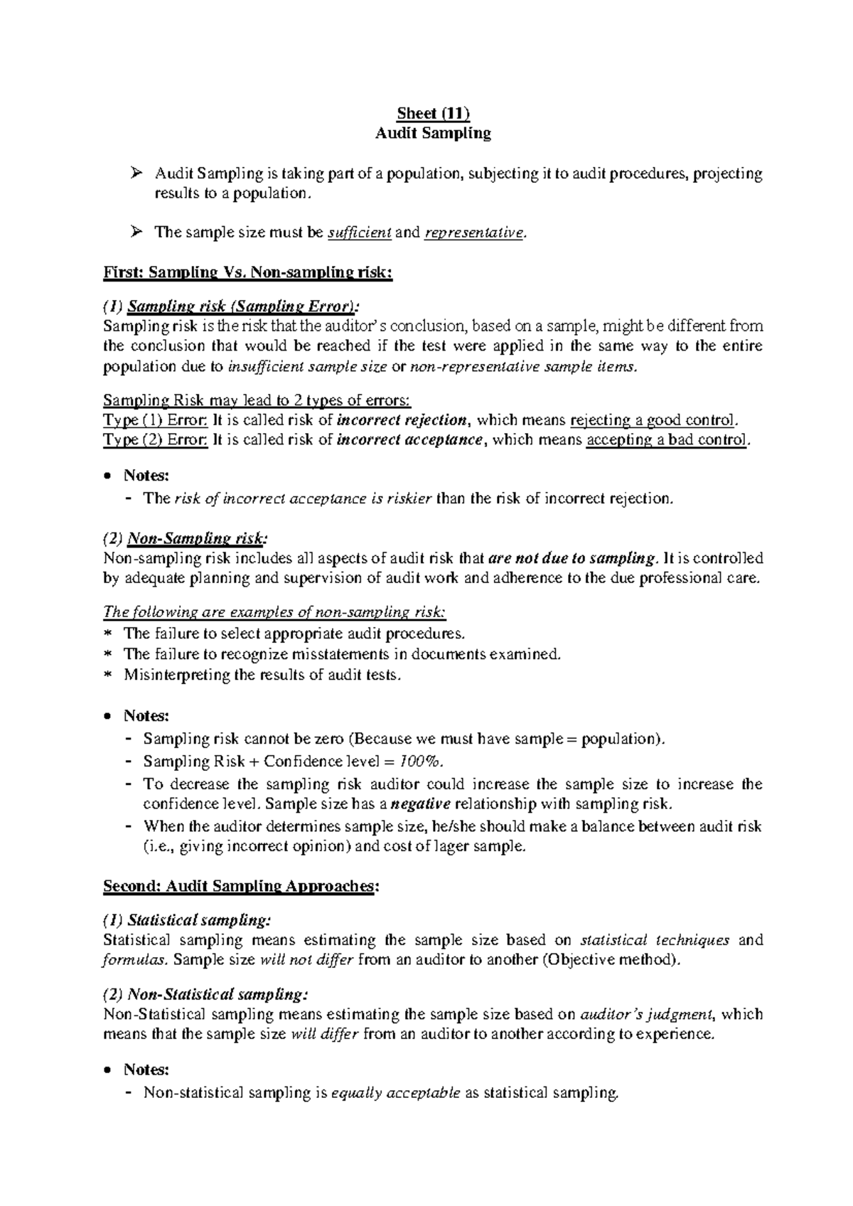 Sheet 11 - Audit Sampling - Sheet ( 11 ) Audit Sampling Audit Sampling ...