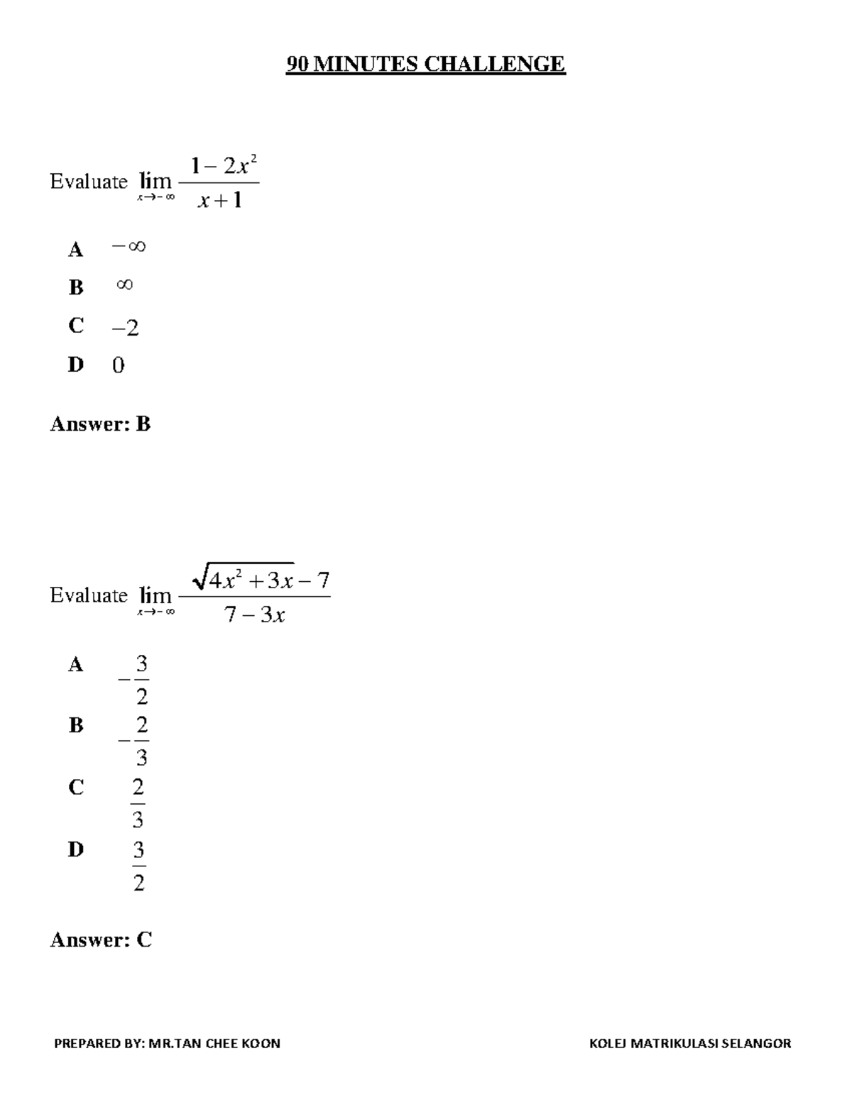 90 MINUTES CHALLENGE: Calculus Problems with Solutions - Studocu