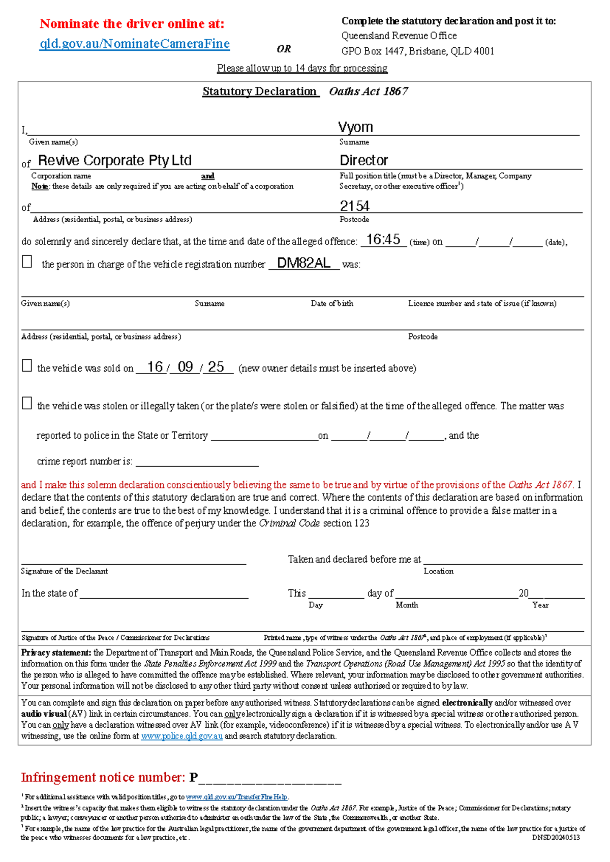 Driver Nomination Statutory Declaration - DNSD20240513 - Studocu