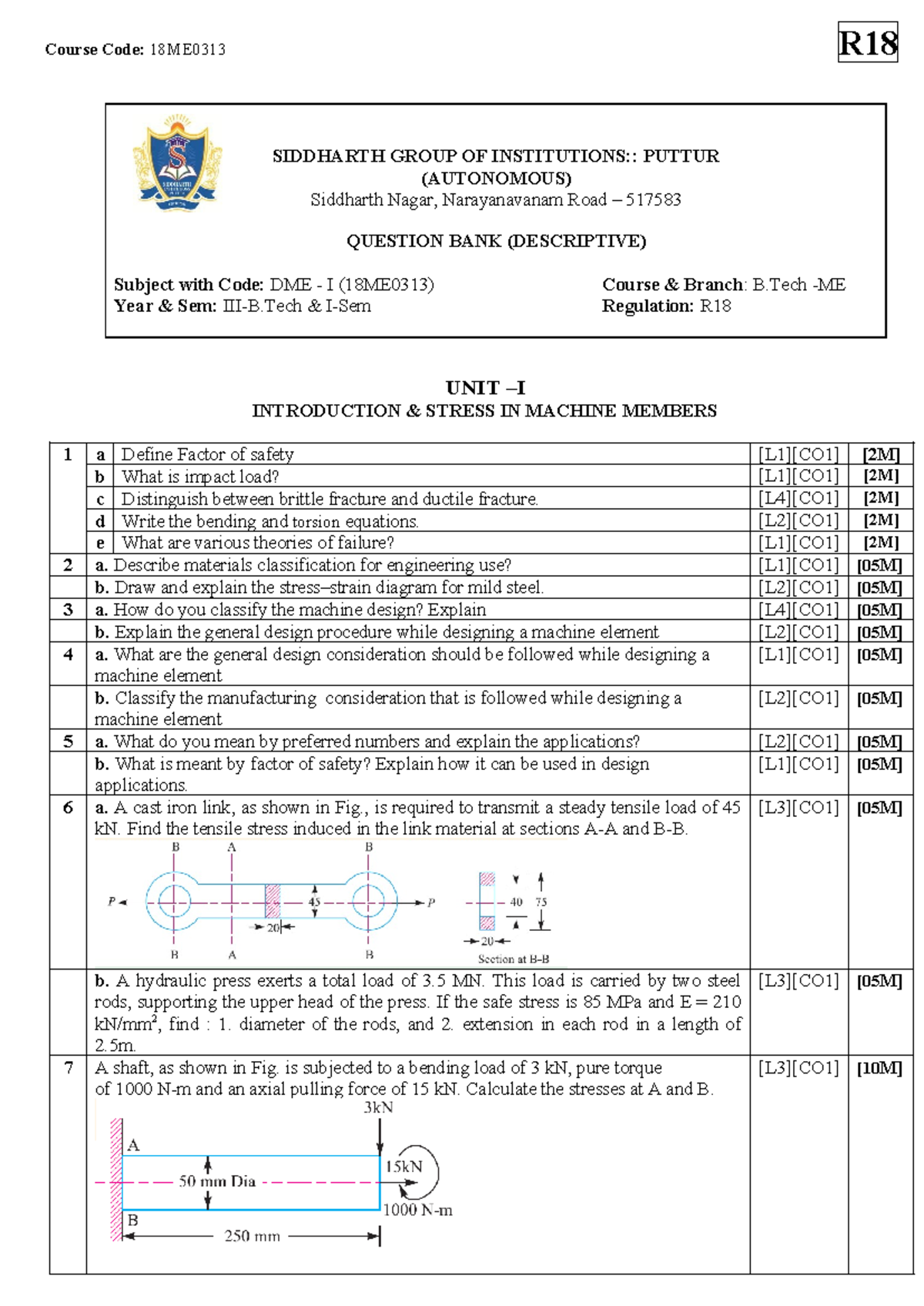 DME-I - Final Exam Question Bank for B.Tech Mechanical Engineering ...