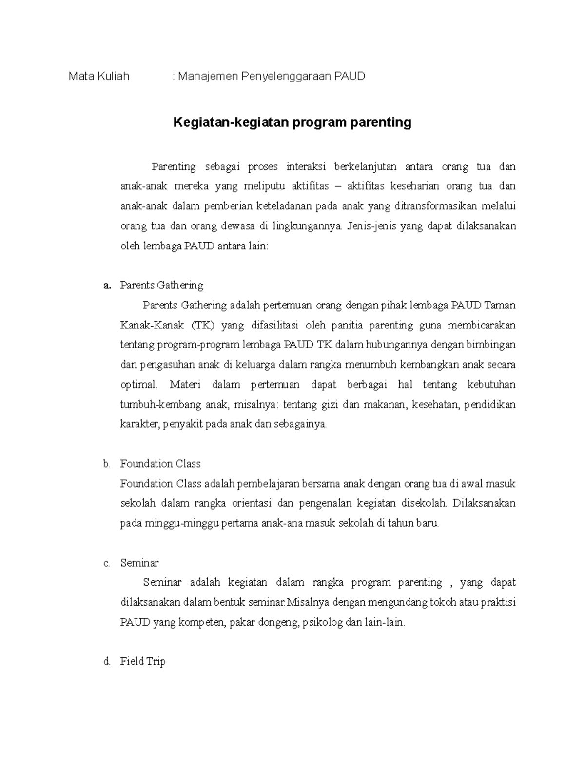Kegiatan Parenting dalam PAUD: Program dan Implementasinya - Studocu