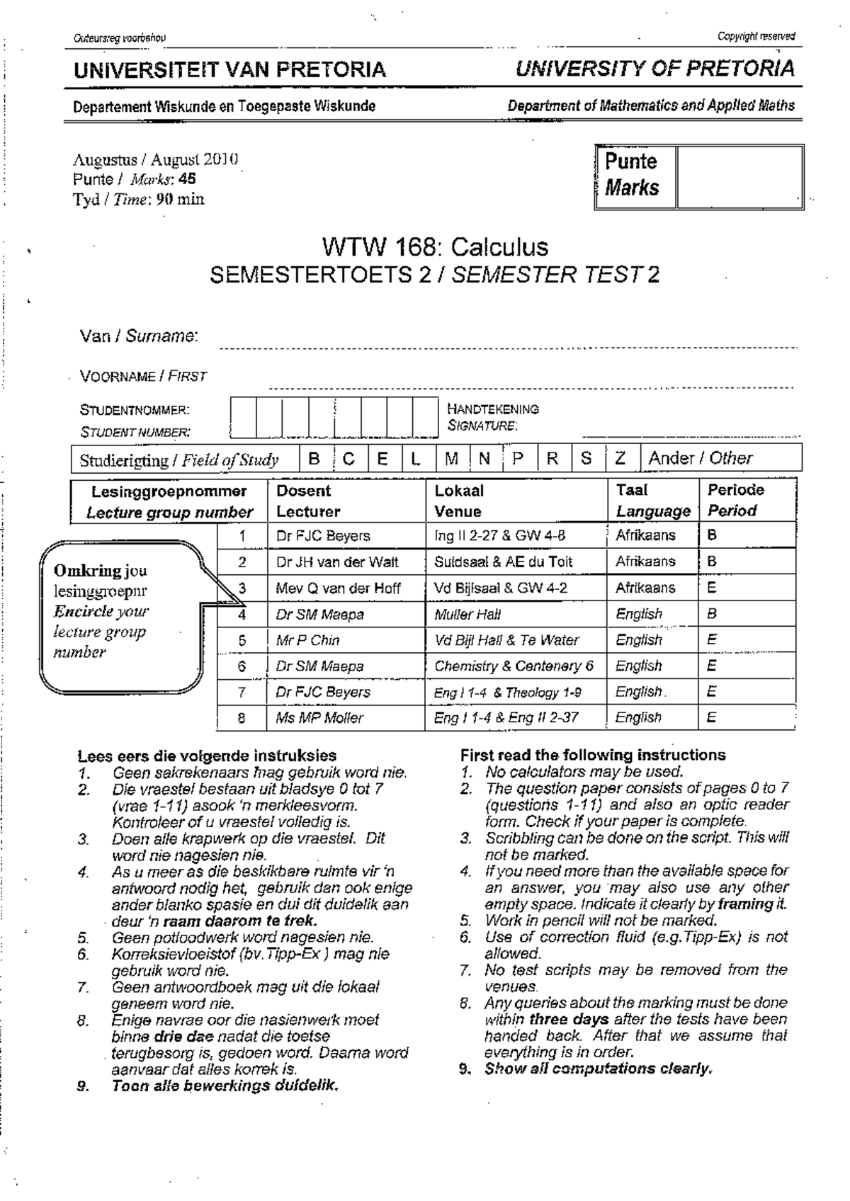 WTW 168: Calculus Semester Test 2 - August 2010 Past Paper - Studocu
