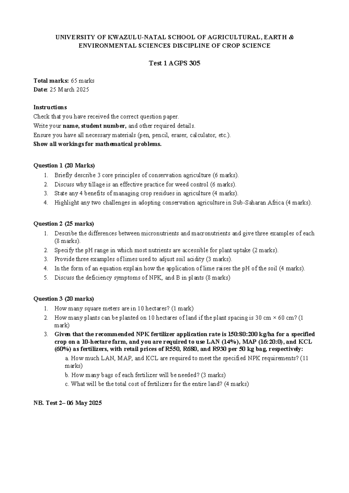 AGPS 305 Test Papers: Crop Science Assessments and Guidelines - Studocu