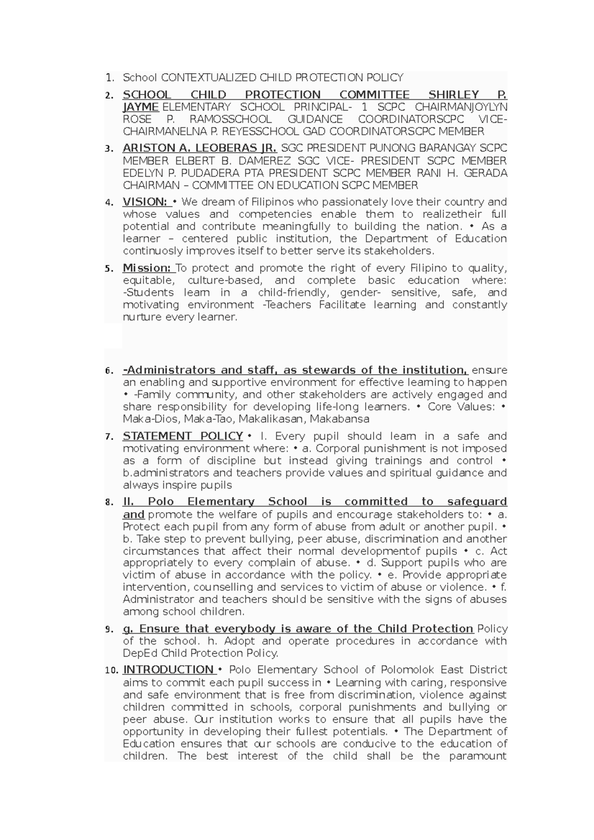 Polo Elementary School CCPP: Comprehensive Child Protection Policy ...