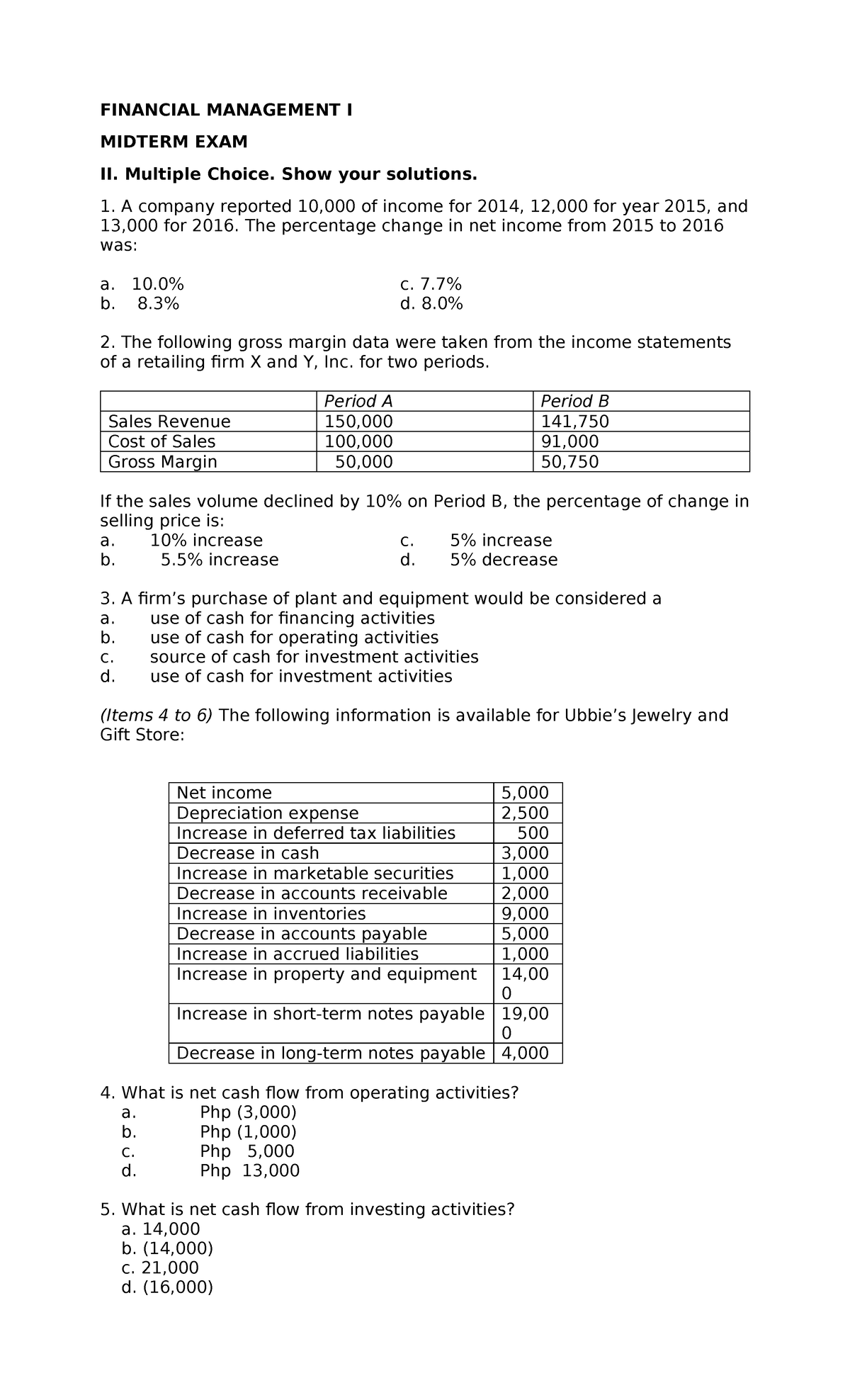 FINANCIAL MANAGEMENT I MIDTERM EXAM II: Multiple Choice Solutions - Studocu